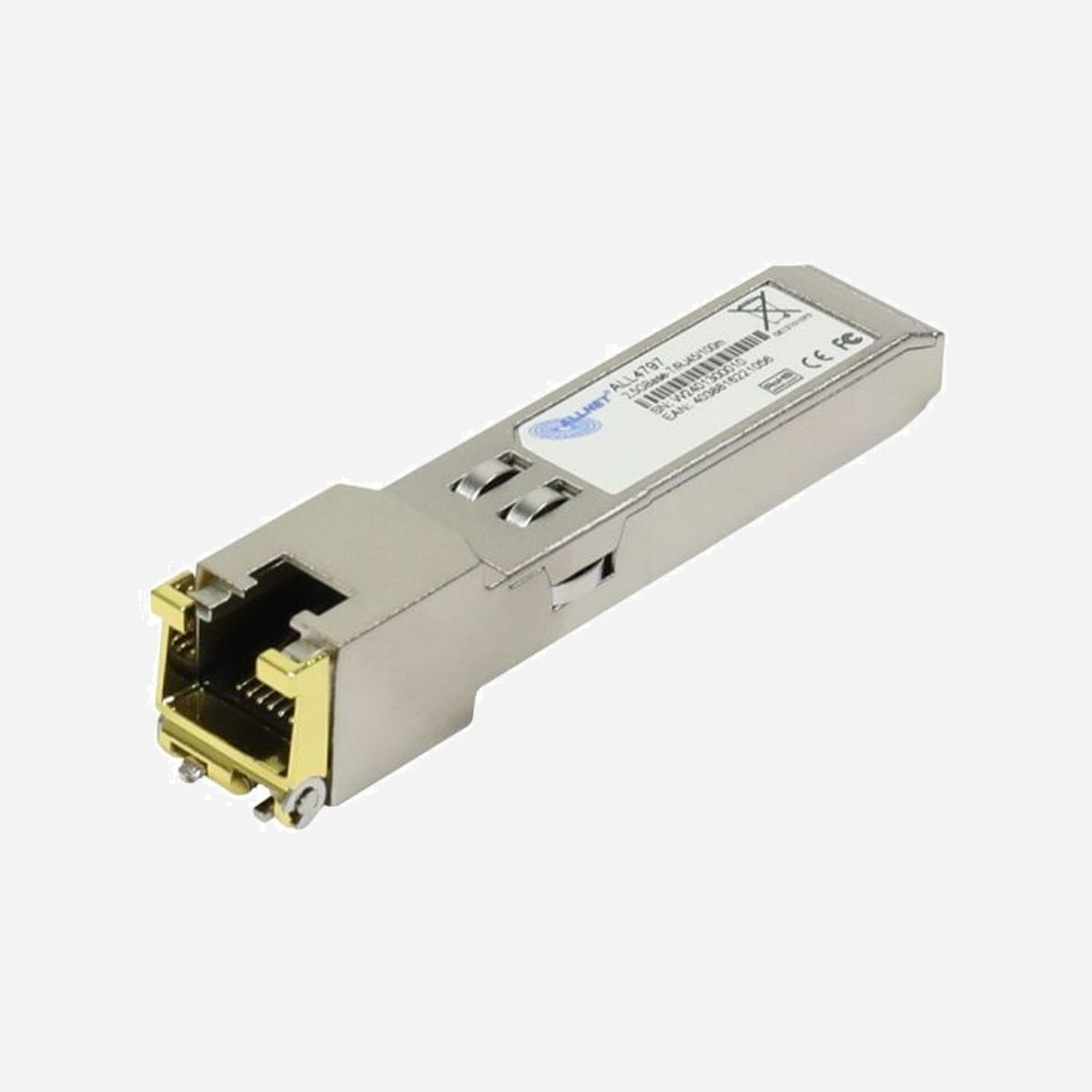 ALLNET ALL4797 Module SFP Cuivre 2.5GBASE-T 2500 Mbit/s mini-GBIC/SFP, distance 100m, RJ-45, 3.3V, 1.5W, température 0-70°C - ALLNET ALL4797. Type d'émetteur-récepteur SFP: Cuivre, Débit de transfert des données maximum: 2500 Mbit/s, Type d'interface: mini-GBIC/SFP. Couleur du produit: Métallique, Format: GBIC. Tension d'entrée: 3.3 V, Consommation électrique typique: 1,5 W. Certificats de conformité: CE, Federal Communications Commission (FCC), REACH, RoHS. Largeur: 13,4 mm, Profondeur: 68 mm, Hauteur: 13,8 mm