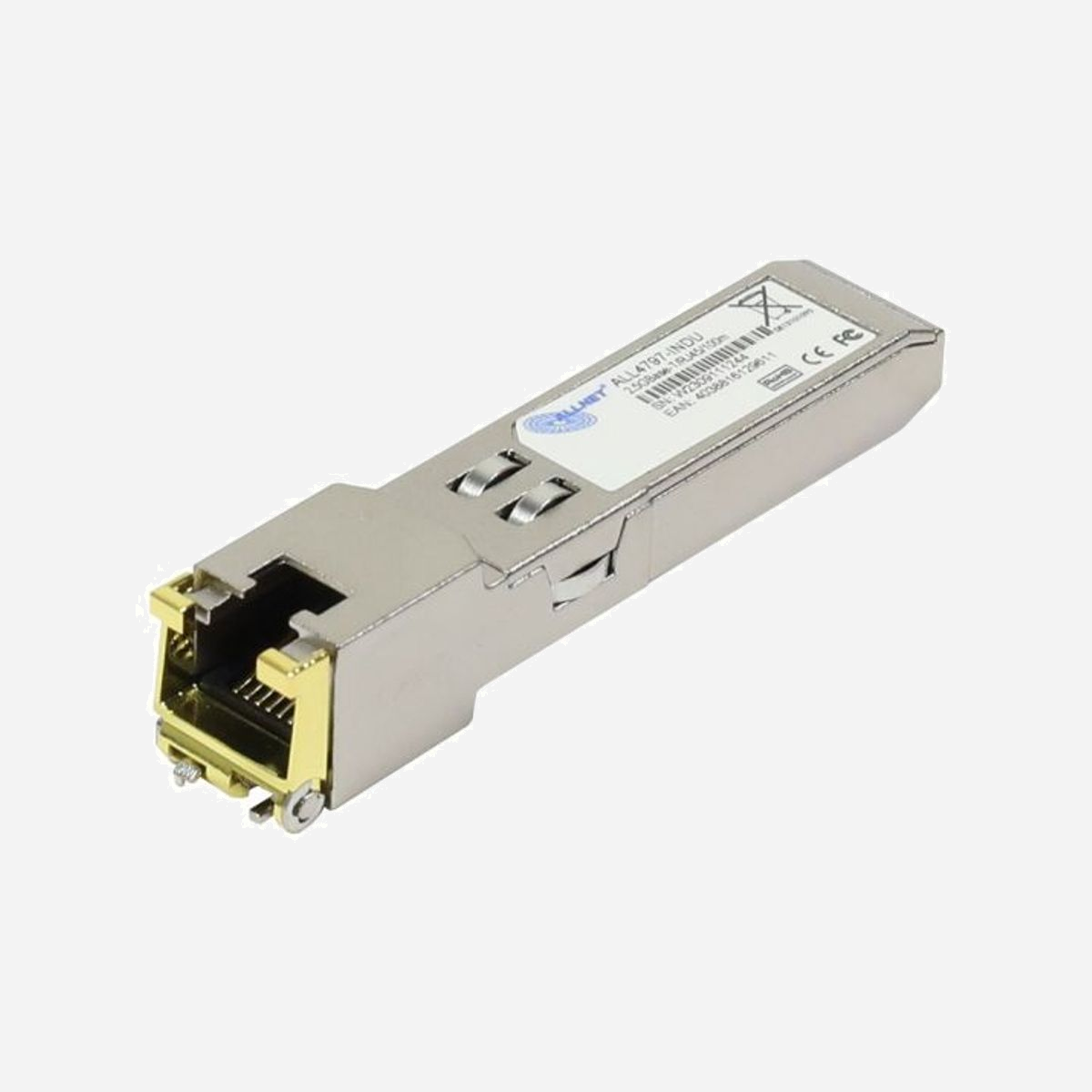 ALLNET ALL4797-INDU : Module SFP Cuivre 2.5GBASE-T, Interface mini-GBIC/SFP, 1x RJ45, Distance max. 100m, -40°C à 85°C, 3.3V, 1.5W, Certifié CE/FCC/REACH/RoHS - ALLNET ALL4797-INDU. Type d'émetteur-récepteur SFP: Cuivre, Débit de transfert des données maximum: 2500 Mbit/s, Type d'interface: mini-GBIC/SFP. Couleur du produit: Métallique, Format: GBIC. Tension d'entrée: 3.3 V, Consommation électrique typique: 1,5 W. Certificats de conformité: CE, Federal Communications Commission (FCC), REACH, RoHS. Largeur: 13,4 mm, Profondeur: 68 mm, Hauteur: 13,8 mm
