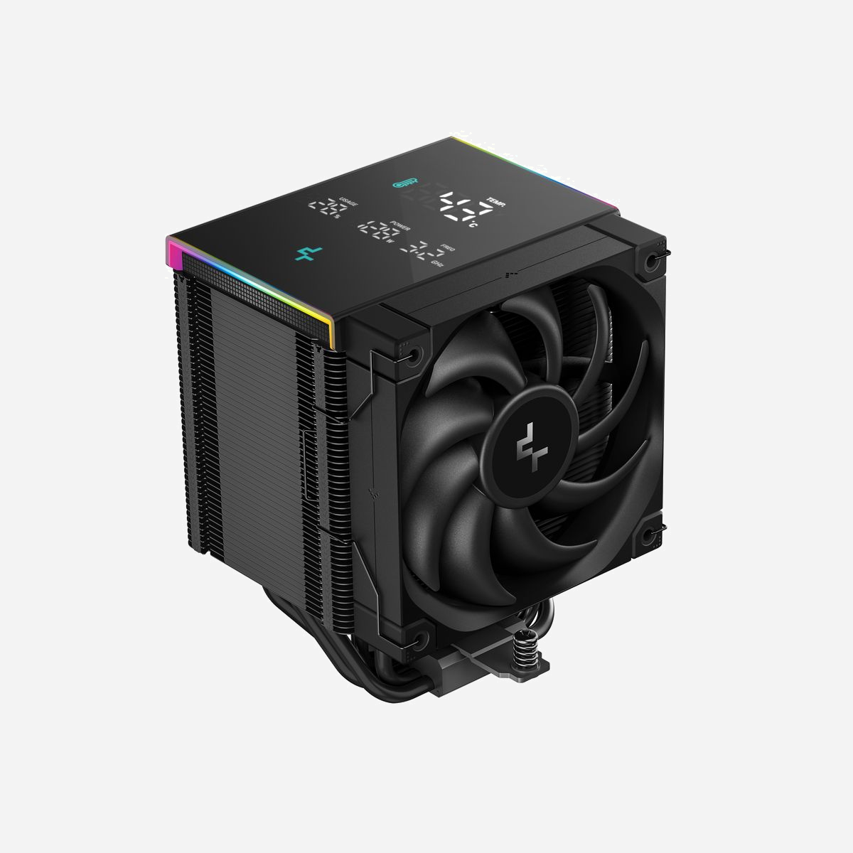 DeepCool AK500 Digital Pro - Refroidisseur d'air CPU 12cm Noir, 5 caloducs, 1 ventilateur 120mm (500-1750 RPM, 60.89 CFM, 25 dB), sockets Intel/AMD, écran intégré. - DeepCool AK500 Digital Pro. Type: Refroidisseur d'air, Diamètre du ventilateur: 12 cm, Pression d'air maximale: 2,91 mmH2O, Type de roulement: Palier à dynamique des fluides (FDB). Largeur: 117 mm, Profondeur: 129 mm, Hauteur: 162 mm. Couleur du produit: Noir
