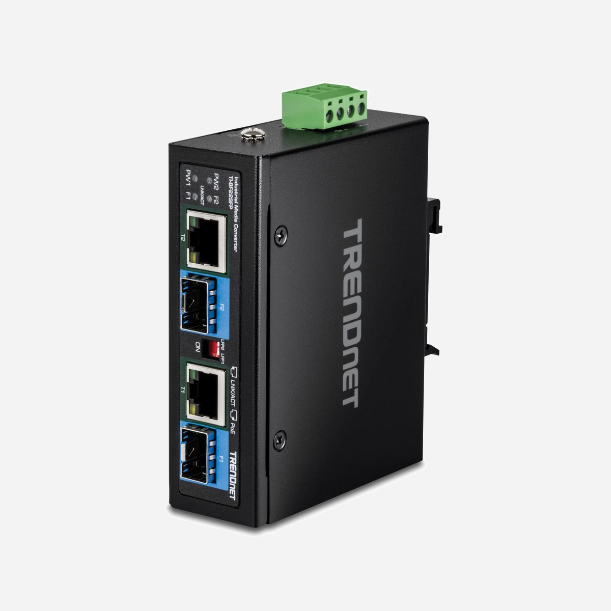 Trendnet TI-BF22SFP Convertisseur Media Gigabit Ethernet, 2x RJ45, 2x SFP, PoE 90W, IEEE 802.3bt, Boîtier Métal IP30, Température -40°C à 75°C - Trendnet TI-BF22SFP. Débit de transfert des données maximum: 1000 Mbit/s, Standards réseau: IEEE 802.3, IEEE 802.3ab, IEEE 802.3af, IEEE 802.3at, IEEE 802.3bt, IEEE 802.3u, IEEE 802.3x, IEEE..., Type d'interface Ethernet: Gigabit Ethernet. Temps moyen entre pannes: 551468 h. Couleur du produit: Noir, Matériau du boîtier/corps: Métal, Code (IP) Internationale Protection: IP30. Connecteur de fibre optique: SFP, Technologie de connectivité: Avec fil. Tension d'entrée: 48 - 56 V, Consommation électrique typique: 3,84 W, Budget Total Power over Ethernet (PoE): 90 W