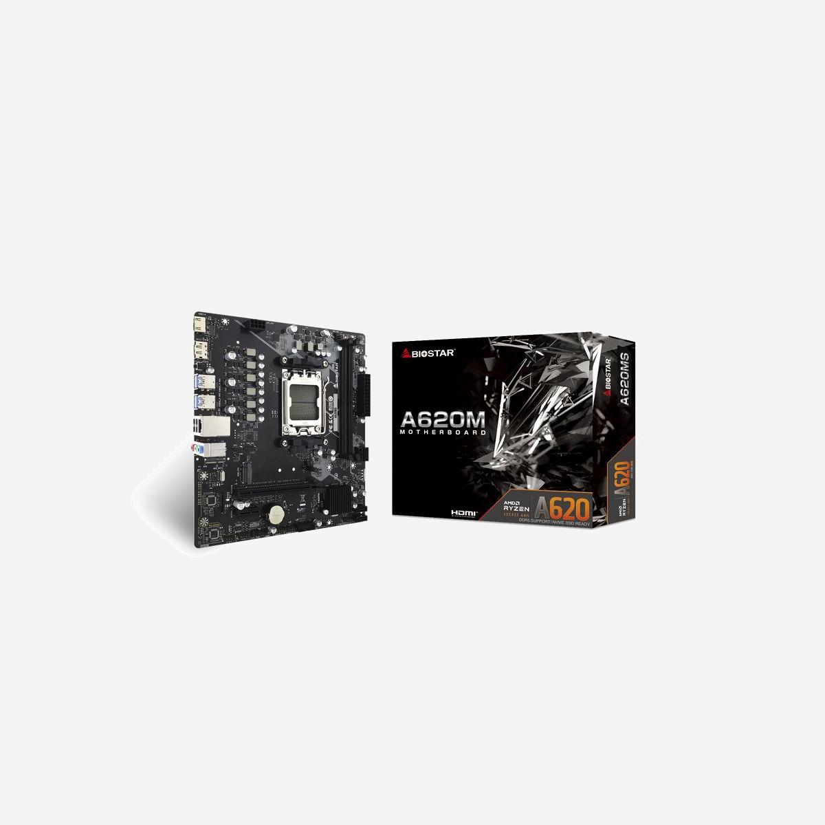 Biostar A620MS - Carte Mère AMD A620 Socket AM5 Micro ATX - DDR5-SDRAM 128Go Max - SATA III - Gigabit Ethernet - Realtek ALC897 - PCIe 4.0 - Biostar A620MS. Fabricant de processeur: AMD, Socket de processeur (réceptable de processeur): Emplacement AM5, Processeurs compatibles: AMD Ryzen 7000 Series, AMD Ryzen 8000 Series, AMD Ryzen 9000 Series. Types de mémoire pris en charge: DDR5-SDRAM, Mémoire interne maximale: 128 Go, Type de support (slot): DIMM. Interfaces de lecteur de stockage prises en charge: SATA III. Type d'interface Ethernet: Gigabit Ethernet, Contrôleur de réseau local (LAN): Realtek RTL8111H. composant pour: PC, Elément de forme de carte mère: micro ATX, famille de composant de produits: AMD