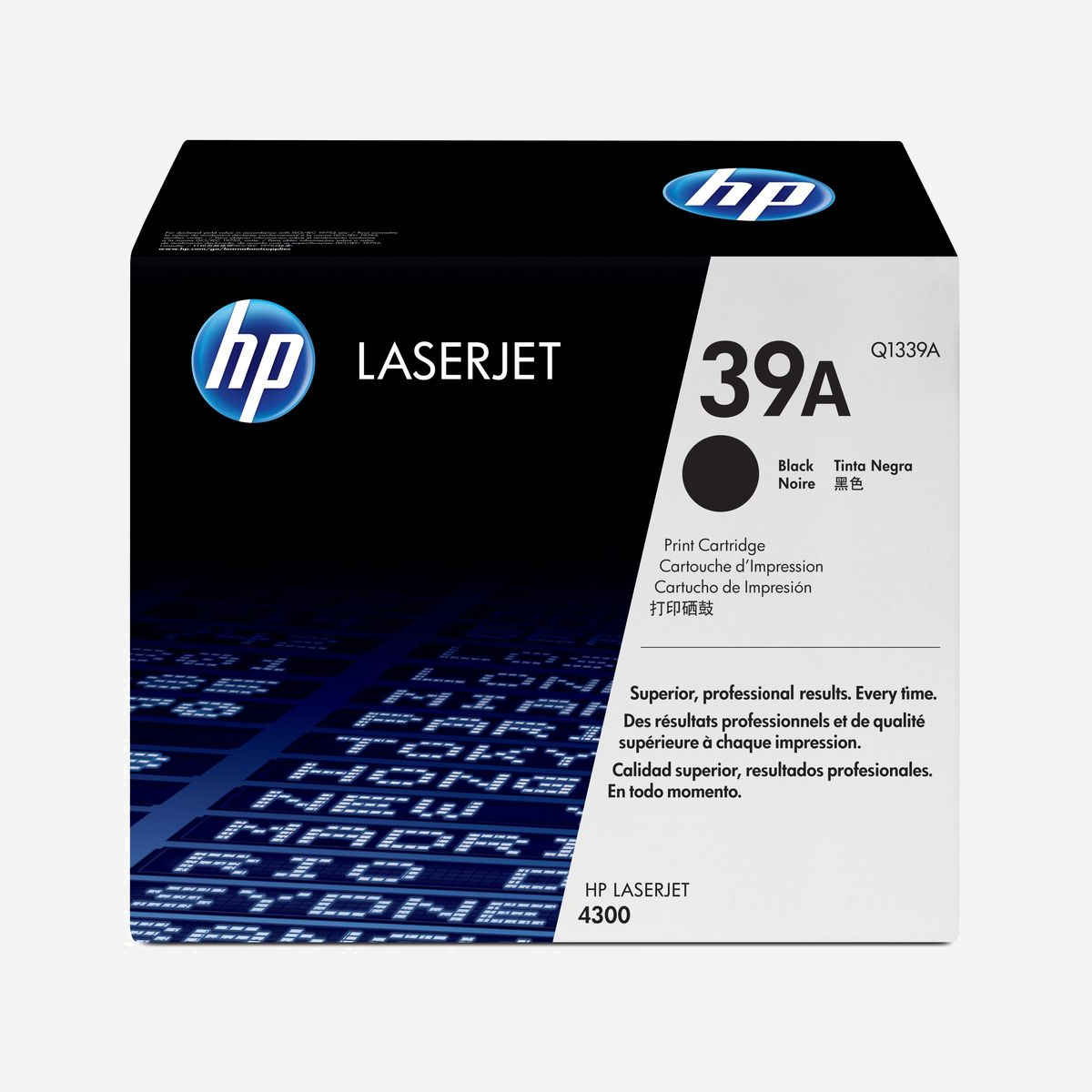 Cartouche Toner Laser HP 39A Q1339A Noir, Rendement Standard 18000 pages, Compatible HP LaserJet 4300, 385x192x312mm - Grandes, moyennes et petites entreprises recherchant des solutions d'impression rapides, fiables et de haute qualité, en réseau et en groupes de travail.<br>Les cartouches d'impression noires HP LaserJet 39A offrent qualité d'impression professionnelle, performances fiables et conception conviviale. Ces cartouches toner longue durée sont conçues pour fonctionner avec votre imprimante HP, pour des résultats nets et précis, à chaque impression.