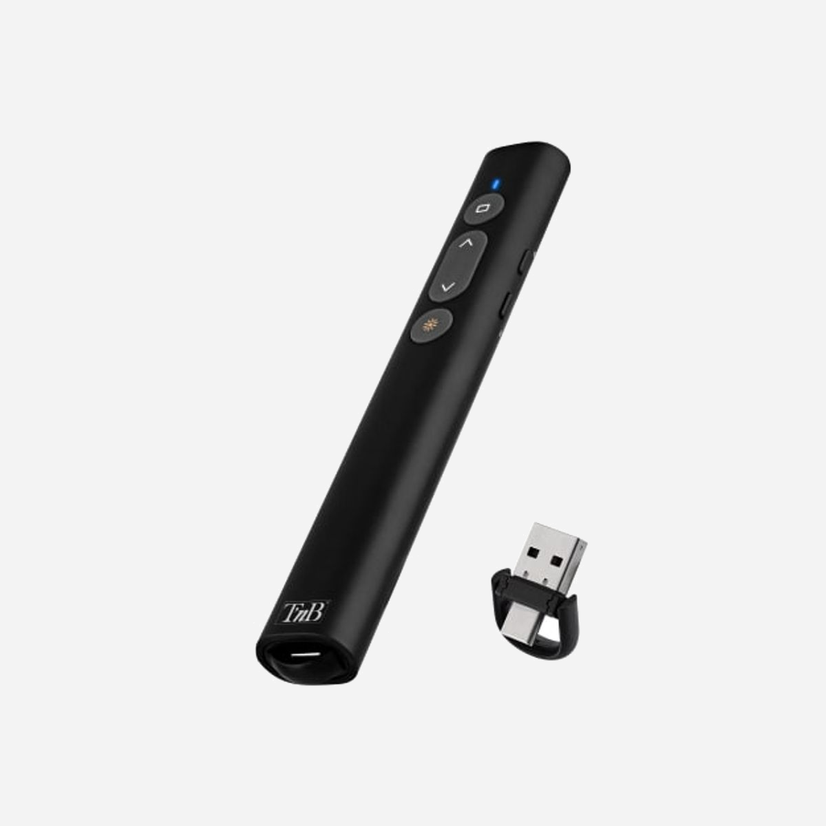 T'nB LASEREMOTE2 Télécommande USB 2.4GHz Noire avec Pointeur Laser Rouge, Batterie Lithium 200mAh, compatible Windows et macOS. Dimensions: 138x20x12mm - T'nB LASEREMOTE2. Interface de réception sans fil: USB, Bande de fréquence: 2.4 GHz. Couleur du produit: Noir, Fonctions de présentation: Pointeur laser, Contrôle distance, Pointeur laser couleur: Rouge. Technologie batterie: Lithium, Capacité de la batterie: 200 mAh. Largeur: 138 mm, Profondeur: 20 mm, Hauteur: 12 mm. Quantité: 1 pièce(s), Largeur du colis: 175 mm, Profondeur du colis: 27 mm