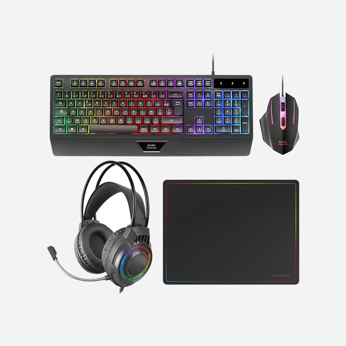 Mars Gaming MCP124PROFR : Combo Clavier AZERTY H-Mech RGB, Souris 3200 DPI RGB, Casque FRGB, Tapis 360x260mm - Compatible PC/Mac/PS/Xbox/Switch - Le combo de jeu 4 en 1 MCP124PRO est l'équipement ultime pour les joueurs à la recherche de performances, de style et de confort dans un seul pack. Cet ensemble complet comprend un clavier ergonomique H-Mech avec éclairage RVB, une souris de jeu de haute précision avec RGB Rainbow, un tapis de souris en nanotextile au design vibrant et un casque avec son immersif et FRGB. Chaque composant est conçu pour maximiser votre expérience. Transformez votre configuration et faites passer vos performances au niveau supérieur avec une solution qui allie fonctionnalité et style.<br><br><b>Pack de jeu 4 en 1 MCP124PRO</b><br>Redéfinissez votre expérience de jeu avec le combo MCP124PRO, conçu pour offrir l'équilibre parfait entre performances, confort et style. Ce pack comprend un clavier H-Mech RGB, une souris haute précision, un tapis de souris en nanotextile et un casque surround avec éclairage FRGB : tout ce dont vous avez besoin pour dominer n'importe quel jeu et transformer votre configuration.<br><br><b>Disponible en deux versions</b><br>Noir et blanc. Choisissez celui qui correspond le mieux à votre style<br><br><b>Tapis de souris de jeu en nanotextile</b><br>Fabriqué à partir de nanotextile et de caoutchouc naturel, ce tapis de souris 360x260 mm assure un glissement précis et une stabilité totale grâce à sa base antidérapante. Le bord à effet arc-en-ciel ajoute un style unique à votre configuration.<br><br><b>Compatibilité multiplateforme</b><br>Le combo MCP124PRO est compatible avec PC, Mac, PS4, PS5, Xbox One, Xbox Series X|S et Switch. Conçu pour s'adapter à n'importe quelle plateforme, ce combo assure une intégration transparente et sans tracas, vous permettant de jouer où vous le souhaitez en toute liberté.<br><br><b>Clavier de jeu H-Mech</b><br>Conçu pour les longues sessions, ce clavier ergonomique pleine taille comprend un repose-poignet intégré qui réduit la fatigue. Sa technologie H-Mech combine la durabilité des claviers à membrane avec la réponse rapide et précise des claviers mécaniques, idéale pour tout style de jeu.<br><br><b>Éclairage LED FRGB</b><br>L'éclairage RVB du clavier offre un affichage spectaculaire de couleurs RVB fixes qui élève votre espace de jeu et améliore la visibilité dans n'importe quel environnement. Profitez d'une atmosphère immersive qui transforme chaque session de jeu en une expérience unique. <br><br><b>Souris de jeu RVB de haute précision</b><br>Avec un capteur optique réglable jusqu'à 3200 DPI et des commutateurs HUANO, cette souris garantit précision et durabilité à chaque clic. Sa conception ergonomique s'adapte à tous les styles de jeu, offrant un confort maximal.<br><br><b>Éclairage arc-en-ciel RVB</b><br>La souris est dotée d'un éclairage RVB spectaculaire qui ajoute une touche de couleur vibrante à votre espace de jeu. Cet éclairage améliore non seulement l'esthétique de votre configuration, mais crée également une atmosphère immersive qui vous plonge complètement dans chaque jeu. <br><br><b>Casque avec son surround RVB</b><br>Complétez votre pack avec des écouteurs conçus pour offrir un son cristallin et des basses puissantes, idéaux pour les jeux et le divertissement. Sa conception ergonomique avec bandeau flottant réglable assure le confort pendant les longues sessions, tandis que le microphone flexible assure une communication claire. Ils disposent également d'un éclairage FRGB Rainbow qui crée un environnement immersif, d'un contrôle du volume intégré ainsi que d'un adaptateur 2 en 1, ce qui les rend compatibles avec PC, Mac, PS4, PS5, Xbox One, Xbox Series X|S et Switch.