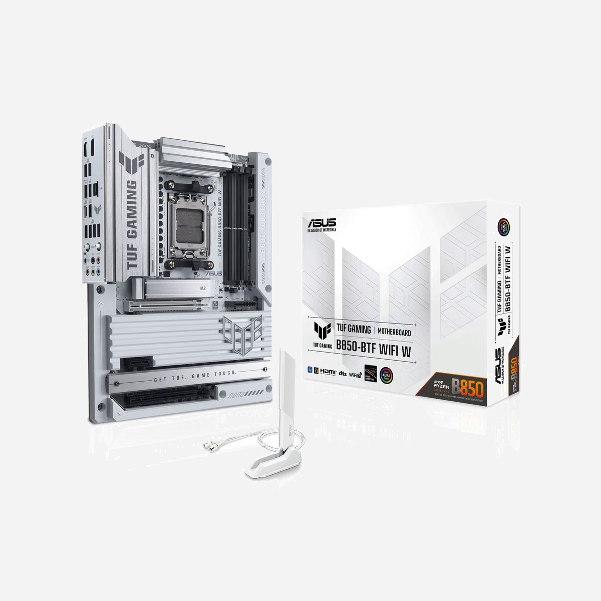 ASUS TUF GAMING B850-BTF WIFI : Carte mère AMD B850 Socket AM5, DDR5 256Go max 8000MHz, 3xM.2, Wi-Fi 7, 2.5GbE, ATX - ASUS TUF GAMING B850-BTF WIFI W. Fabricant de processeur: AMD, Socket de processeur (réceptable de processeur): Emplacement AM5, Processeurs compatibles: AMD Ryzen 7000 Series, AMD Ryzen 8000 Series, AMD Ryzen 9000 Series. Types de mémoire pris en charge: DDR5-SDRAM, Mémoire interne maximale: 256 Go, Type de support (slot): DIMM. Interfaces de lecteur de stockage prises en charge: M.2, SATA III, Types de lecteurs de stockage pris en charge: HDD & SSD, Niveaux RAID: 0, 1, 5, 10. Type d'interface Ethernet: 2.5 Gigabit Ethernet, Norme Wi-Fi: Wi-Fi 7 (802.11be), Standards wifi: Wi-Fi 7 (802.11be). composant pour: PC, Elément de forme de carte mère: ATX, famille de composant de produits: AMD