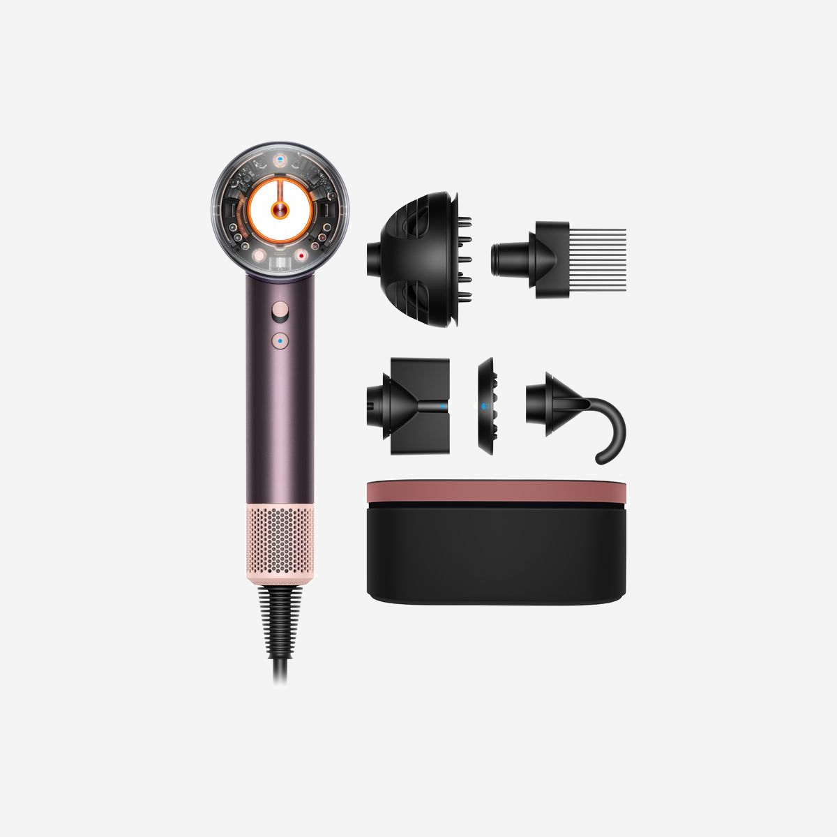 Sèche-cheveux Dyson Supersonic Nural™ 1600W Prune, Flux d'air 13.3L/s, Température 28-100°C, Mode Scalp protect, Reconnaissance des embouts, Diffuseur Wave+Curl - <b>S’adapte automatiquement pour révéler la brillance naturelle de vos cheveux et protéger la santé de votre cuir chevelu¹</b><br>Séchage rapide, intelligent. Sans dommages thermiques.<br><br><b>Maintenant disponible dans une couleur pourpre douce et chatoyante</b><br>Le sèche-cheveux Dyson Supersonic Nural™ dans le nouveau coloris Jaspe Fleur de Prunier. Avec coffret de présentation offert.<br><br><b>Conçus pour s'adapter à différents types de cheveux</b><br>Les scientifiques de Dyson testent et étudient tous les types de cheveux dans leurs laboratoires capillaires, parmi les plus sophistiqués au monde. Ils ont ainsi pu créer toute une gamme d'accessoires conçus spécialement pour différents types de cheveux.<br><br><b>Nouvel accessoire de coiffage<br>Diffuseur Wave+Curl</b><br>Un accessoire, deux modes.<br>Le mode Dôme englobe les cheveux pour sublimer la définition des ondulations ou les boucles².<br>Le mode Diffuse ajoute du volume à la racine pour des boucles naturelles texturées.<br><br><b>Mode Dôme</b><br>L’air est aspiré dans le dôme et englobe les cheveux pour sublimer la définition des ondulations ou des boucles².<br><br><b>Mode Diffuse</b><br>L’air est doucement diffusé par les pointes plus longues pour pénétrer la chevelure plus en profondeur, pour des boucles texturées volumineuses.<br><br><b>L’innovation où que vous regardiez</b><br>Ce sèche-cheveux est bourré de technologie de pointe, qu’elle soit visible au travers de l’extrémité transparente, en suspension dans la capsule ou cachée au fond de la poignée.<br><br><b>Technologie<br>Mode Scalp protect</b><br>Un capteur de distance s’ajuste automatiquement pour maintenir une température optimale afin de retenir l’hydratation.<br><br><b>Reconnaissance des embouts</b><br>Un capteur à effet Hall reconnaît chaque accessoire et adapte automatiquement ses réglages à vos dernières préférences de coiffage³.<br><br><b>La Détection des pauses</b><br>Un accéléromètre qui détecte les mouvements et sait lorsque vous déposez le sèche-cheveux. Il coupe alors la chaleur et réduit le flux d’air. <br><br><b>Fixez votre coiffure</b><br>Le 4e bouton est un bouton air froid, qui permet de rafraîchir et de fixer la coiffure.<br><br><b>Séchage rapide, intelligent.</b><br>Un moteur Dyson Hyperdymium™, petit mais puissant, génère un flux d’air contrôlé et à grande vitesse.<br><br><b>Technologie Air Multiplier™</b><br>Entraîne l’air environnant pour multiplier par trois le flux d’air qui est projeté de manière puissante et contrôlée.<br><br><b>Contrôle intelligent de la chaleur</b><br>Régule la température du flux d’air pour prévenir les dommages causés par la chaleur excessive et protéger la brillance naturelle des cheveux.