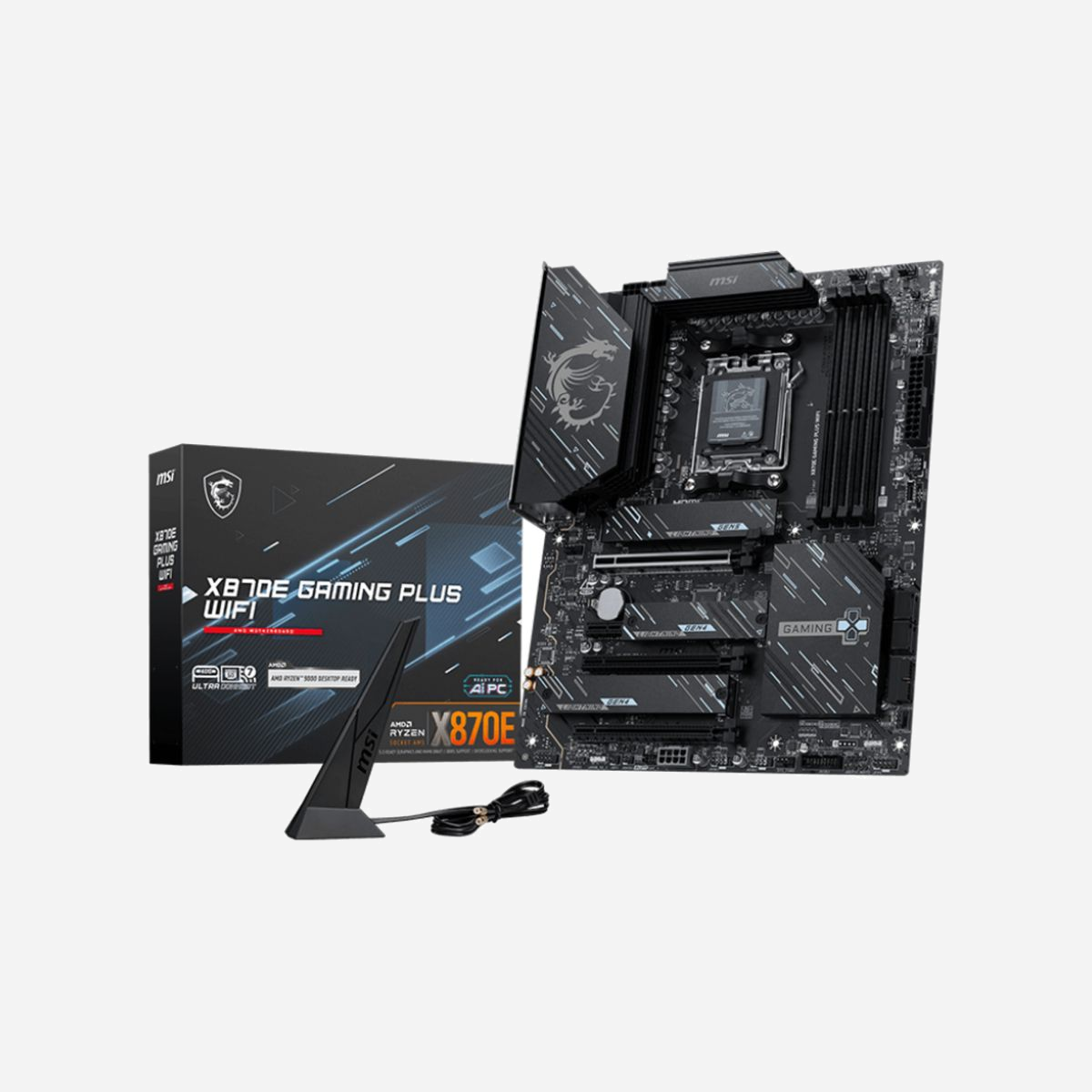 MSI X870E GAMING PLUS WIFI : Carte mère AMD X870E, Socket AM5, DDR5, Wi-Fi 7, 5GbE, 3x M.2, ATX, Supports RAID 0/1/5/10, ports USB 3.2 Gen 1/Gen 2. - MSI X870E GAMING PLUS WIFI. Fabricant de processeur: AMD, Socket de processeur (réceptable de processeur): Emplacement AM5, Processeurs compatibles: AMD Ryzen 7000 Series, AMD Ryzen 8000 Series, AMD Ryzen 9000 Series. Types de mémoire pris en charge: DDR5-SDRAM, Mémoire interne maximale: 256 Go, Type de support (slot): DIMM. Types de lecteurs de stockage pris en charge: HDD, Niveaux RAID: 0, 1, 5, 10. Résolution maximale: 3840 x 2160 pixels. Type d'interface Ethernet: 5 Gigabit Ethernet, Norme Wi-Fi: Wi-Fi 7 (802.11be), Standards wifi: 802.11a, 802.11b, 802.11g, Wi-Fi 4 (802.11n), Wi-Fi 5 (802.11ac), Wi-Fi 6 (802.11ax), Wi-Fi 6E...