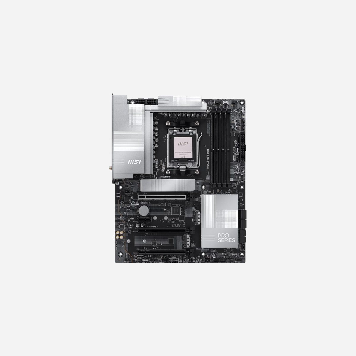 MSI PRO X870E-P WIFI : Carte mère AMD X870E Socket AM5, DDR5 jusqu'à 256Go 8200MHz, 3x M.2 PCIe (Gen5/Gen4), Wi-Fi 7, 5GbE LAN, ATX - MSI PRO X870E-P WIFI. Fabricant de processeur: AMD, Socket de processeur (réceptable de processeur): Emplacement AM5, Processeurs compatibles: AMD Ryzen 7000 Series, AMD Ryzen 8000 Series, AMD Ryzen 9000 Series. Types de mémoire pris en charge: DDR5-SDRAM, Mémoire interne maximale: 256 Go, Type de support (slot): DIMM. Interfaces de lecteur de stockage prises en charge: M.2, SATA III, Types de lecteurs de stockage pris en charge: HDD & SSD, Niveaux RAID: 0, 1. Type d'interface Ethernet: 5 Gigabit Ethernet, Norme Wi-Fi: Wi-Fi 7 (802.11be), Standards wifi: 802.11a, 802.11b, Wi-Fi 4 (802.11n), Wi-Fi 5 (802.11ac), Wi-Fi 6 (802.11ax), Wi-Fi 6E (802.11ax),.... composant pour: PC, Elément de forme de carte mère: ATX, famille de composant de produits: AMD