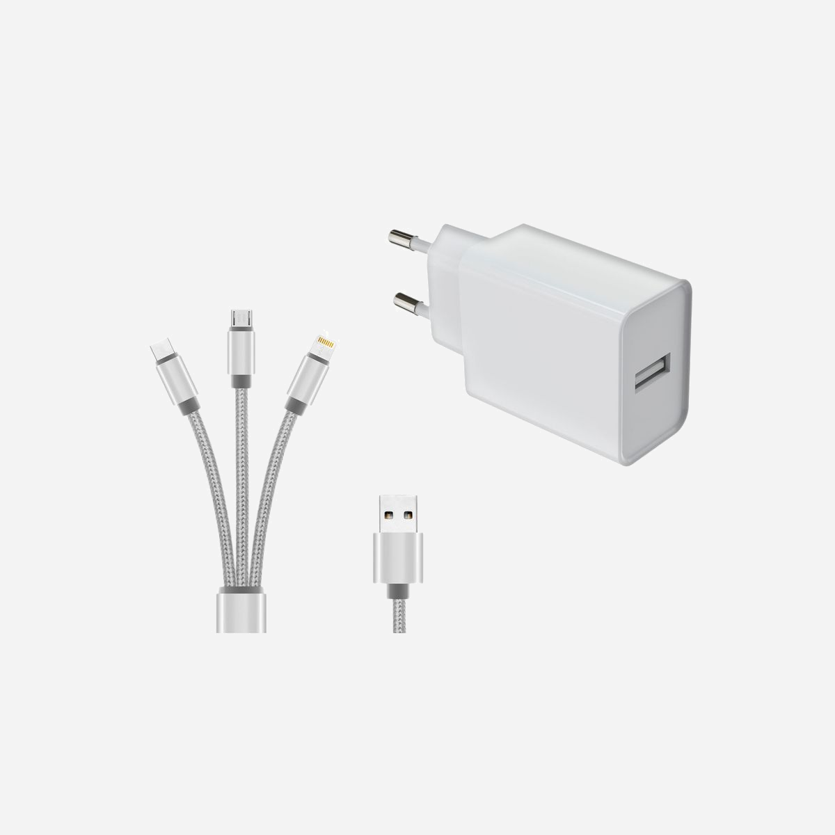 DLH DY-AU5092W Chargeur Secteur USB-A 12W avec Câble 3-en-1 (USB-C, Micro USB, Lightning) 5V 2.4A, 1.2m, Blanc, Compatible Tablettes/Téléphones - Chargeur secteur USB-A 12W avec câble 3 en 1 (USB-C / Micro USB / APPLE Lightning) - 1 port USB-A : 5V 2.4A (12W) - Longueur de câble : 1.2m - Blanc - Compatible smartphones et tablettes.