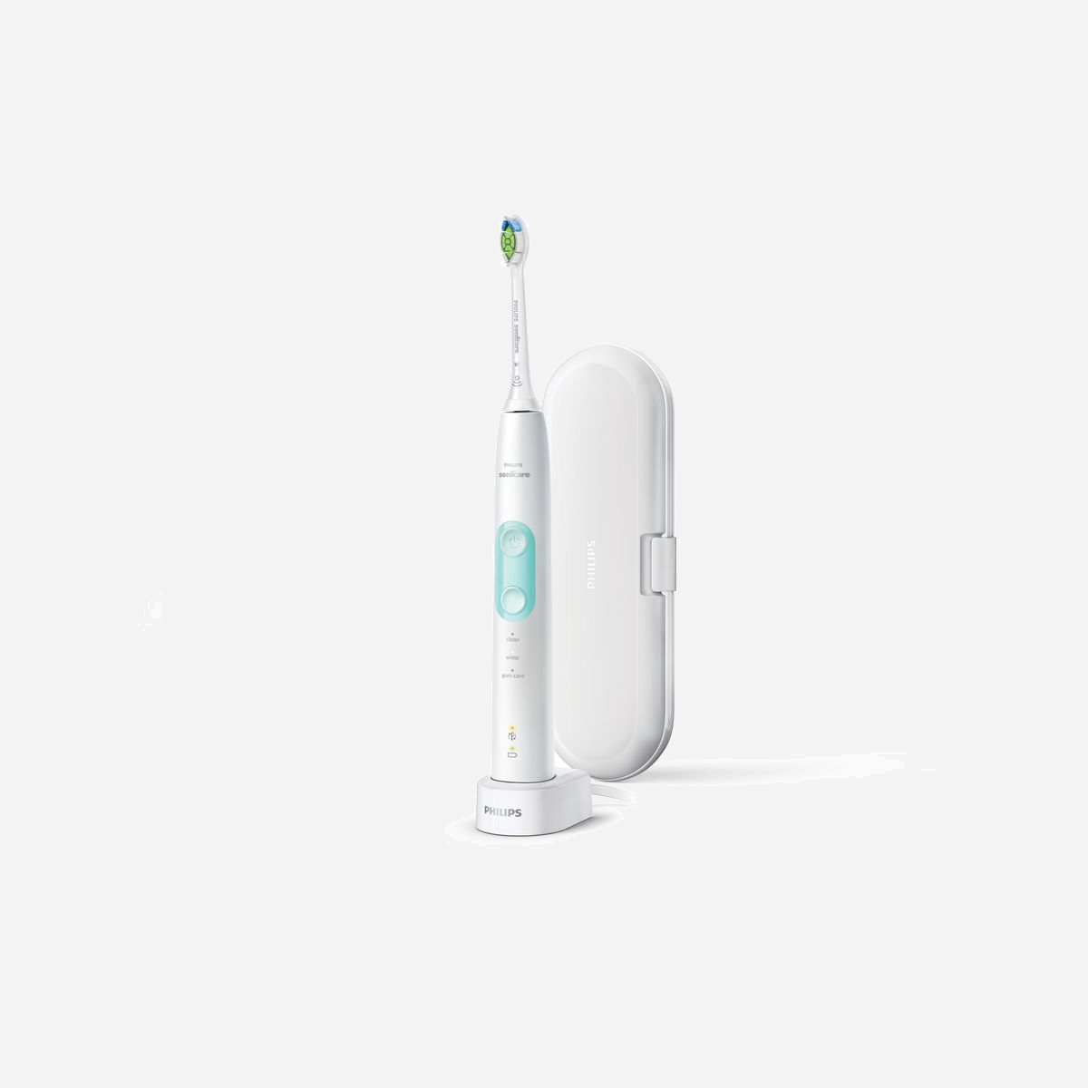 Philips ProtectiveClean 5100 HX6857/28 - Brosse à Dents Électrique Ultrasonique, 62000 mouvements/min, 3 Modes (Soin Quotidien, Gencives, Blanchiment), Minuteur 2 min, Capteur de Pression, Batterie Lithium-Ion, Autonomie 2 Semaines, Couleur Menthe/Blanc - <b>Des dents plus blanches, en douceur.</b><br/> Éclaircit les dents en seulement 1 semaine.<br/> Un nettoyage en douceur qui fait la différence, grâce à notre capteur de pression. Éclaircit les dents en 1 semaine.