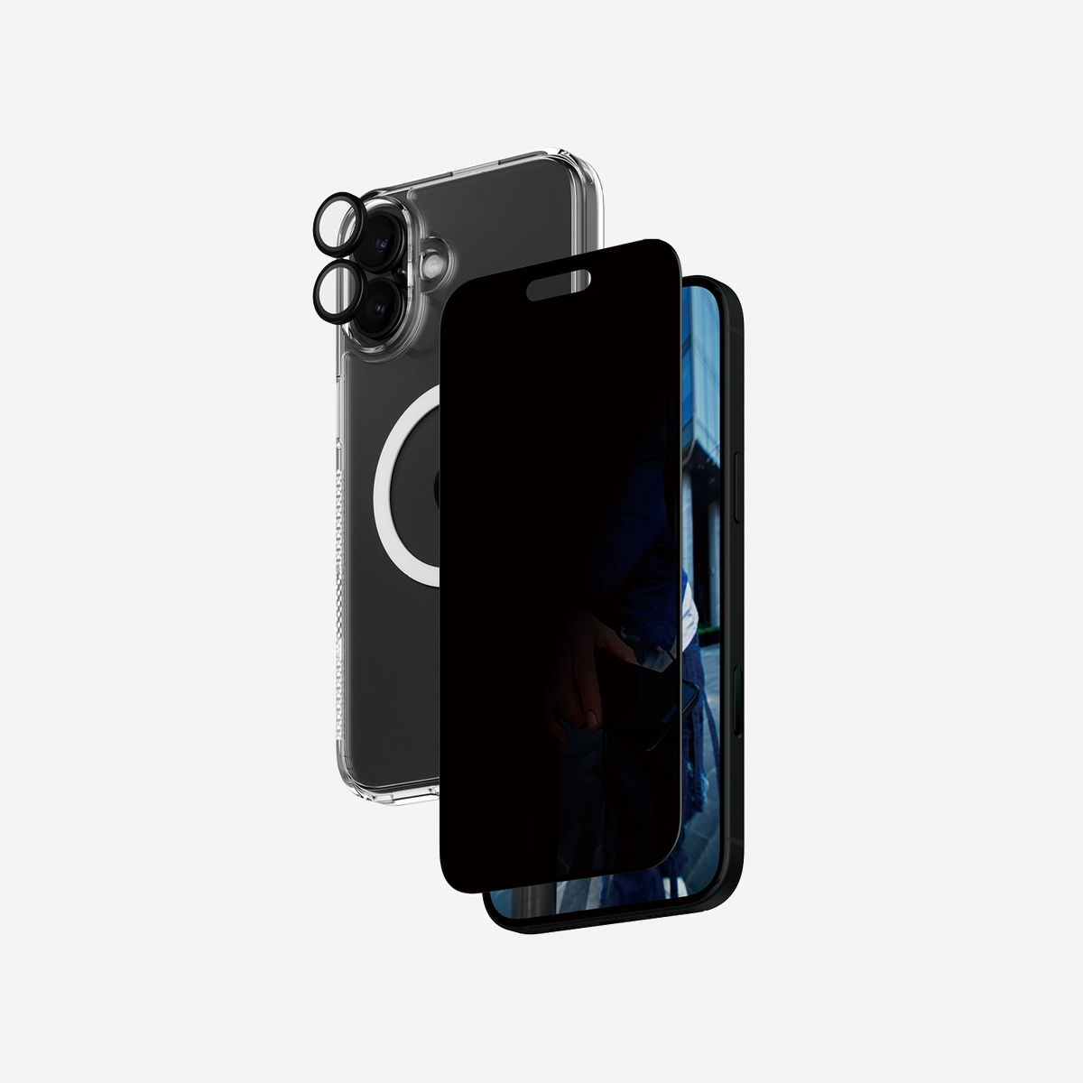 PanzerGlass Protection Écran 3-en-1 Privacy pour iPhone 16 Plus, Verre Trempé, PET, Silicone, Filtre Confidentialité, 156.86x73.75mm, 0.8mm, Transparent - PanzerGlass ® 3-in-1 Privacy Protection Bundle iPhone 16 Plus. Compatibilité de marque: Apple, Compatibilité: Apple - iPhone 16 Plus. Application à sec. Fonctions de protection: Résistant aux rayures, Résistant aux chocs. Fonction de filtrage de confidentialité, Matériel: Verre trempé, Polyéthylène téréphthalate (PET), Silicone, Couleur du produit: Transparent. Quantité: 1 pièce(s)
