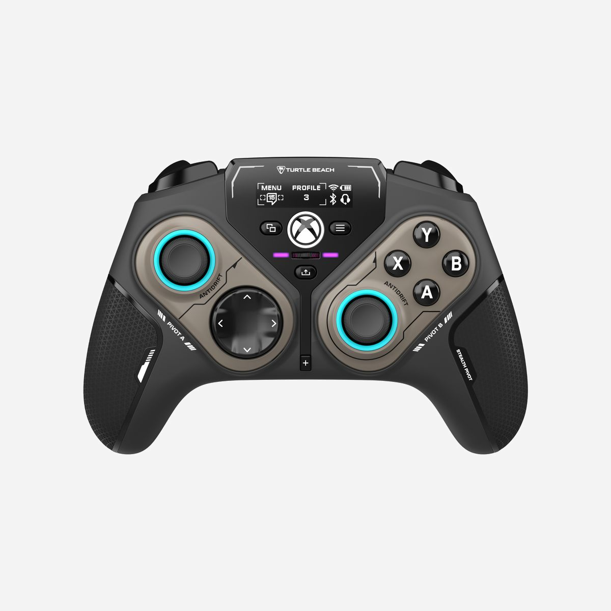 Turtle Beach Stealth Pivot TBS-0120-05 : Manette sans fil Bluetooth/2.4GHz pour PC Windows, Xbox Series X|S/One, Android, iOS, Sticks Hall Effect, boutons programmables - La manette intelligente sans fil Turtle Beach Stealth™ Pivot a été conçue pour révolutionner l'expérience de jeu sur PC Windows. Elle apporte un degré de personnalisation encore plus poussé pour les joueurs, peu importe le style de jeu. La Stealth™ Pivot comprend des modules pivotants à boutons pour changer rapidement de configuration. Les commandes principales de la manette comprennent la croix directionnelle et un stick sur le module de gauche, ainsi que les boutons ABXY et un autre stick sur le module de droite ; une configuration classique, mais idéale pour les sports traditionnels, les FPS, les jeux d'action et de course. La configuration pivotante avec boutons comprend une croix directionnelle, ainsi que les boutons RSB et LSB sur le module de gauche, les boutons ABXY et des boutons assignables P1 et P2 sur le module de droite ; une configuration parfaite pour les jeux de combat et les jeux rétro. Faites glisser les interrupteurs de déverrouillage à l'arrière de la manette, puis faites pivoter les modules, indépendamment ou simultanément, avant de refaire glisser les interrupteurs en place pour verrouiller la nouvelle configuration.<br>Grâce à l'émetteur USB sans fil ni lags, vous pouvez vous connecter rapidement et en toute confiance sur votre PC Windows et profiter d'une autonomie allant jusqu'à 20 heures. De plus, la connectivité Bluetooth® intégrée vous permet également de connecter votre manette Stealth™ Pivot à vos appareils Android, ainsi qu'aux Smart TV Samsung. Pour une compatibilité encore plus étendue, le câble inclus vous permet de jouer en filaire sur consoles Xbox Series X|S et Xbox One, ou jouer tout en rechargeant votre manette sur PC.<br>Les sticks Anti-Drift™ à effet Hall vous permettent de profiter de commandes fluides durables, sans dérive. Vous pouvez même régler les performances des sticks en fonction du jeu auquel vous jouez. Par exemple, utilisez des contrôles linéaires pour une conduite cohérente dans les jeux de course ou des contrôles de précision pour une visée précise dans les jeux d'action et les jeux FPS. Les deux boutons assignables à l'arrière de la manette sont toujours faciles d'accès et le mode de ciblage Pro-Aim™ est une fonction assignable prédéfinie conçue pour réduire la sensibilité du stick afin d'améliorer la précision de la visée dans les FPS. Des boutons assignables supplémentaires sont disponibles sur les configurations pivotantes des principaux modules de contrôle. Modifiez à la volée la distance de déplacement des gâchettes selon vos besoins : plus courtes pour des retours plus rapides dans les jeux FPS, ou complètes pour un contrôle précis dans les jeux de course.<br>Le Connected Command Display à contraste élevé offre un large panel de fonctions de personnalisation ainsi que l'affichage des notifications de vos réseaux sociaux pour garder le contact avec vos amis. Depuis cet écran, vous pouvez consulter vos notifications de réseaux sociaux, ajuster les paramètres audio de n'importe quel casque connecté en 3,5 mm, assigner les entrées des boutons programmables, de la croix directionnelle et des curseurs, ainsi que gérer à la volée vos connexions sans fil et Bluetooth®. Situé sous l'écran, l'interrupteur à bascule de réglage Quick-Slide vous permet de procéder rapidement à des ajustements en jeu qui peuvent être assignés à des fonctions différentes comme l'équilibrage du volume du jeu et du chat ou de personnaliser son éclairage RGB.<br>La batterie dispose de 20 heures d'autonomie et se charge rapidement, ainsi vous pouvez rester concentré sur vos parties sans interruption. De plus, le câble USB-C fourni vous permettra de continuer à jouer en rechargeant la batterie lorsque celle-ci sera à plat. Pour profiter d'options de personnalisation supplémentaires et procéder à des mises à jour rapides du produit, téléchargez l'application Control Center 2 pour PC, consoles Xbox et appareils iOS et Android. L'application permet de définir les notifications de réseaux sociaux, la personnalisation des boutons, les zones mortes, les modes de réponse des axes, l'intensité des vibrations, les améliorations audio et l'éclairage RGB.<br><br><b>Haute performance sans fil ni lags sur PC</b><br>Profitez d’une connexion sans fil ni lags brevetée de 2,4 GHz et de la technologie Bluetooth® intégrée pour jouer sur PC Windows 10 et 11. Connectez-vous à vos appareils mobiles Android et Smart TV compatibles avec la technologie Bluetooth® intégrée, ou utilisez la connexion filaire sur Xbox Series X|S et Xbox One.<br><br><b>Modules pivotants à boutons</b><br>Les modules pivotants vous permettent de basculer rapidement d'une configuration traditionnelle avec boutons et sticks à une configuration conçue pour asseoir votre domination dans les jeux de combat. Un ensemble d'interrupteurs de déverrouillage à l'arrière de la manette vous permettent de facilement faire pivoter les modules, puis de verrouiller en place la nouvelle configuration.<br><br><b>Connected Command Display</b><br>Un écran à contraste élevé qui vous permet de personnaliser votre manette et de rester en contact avec vos amis. Consultez vos notifications de réseaux sociaux, ajustez le volume de n'importe quel casque connecté en 3,5 mm, assignez les boutons programmables, gérez vos connexions sans fil à la volée, et plus encore.<br><br><b>Système breveté pour l'affichage intégré des notifications de réseaux sociaux</b><br>Depuis votre téléphone, affichez des notifications de vos réseaux sociaux préférés sur le Command Display pour rester informé pendant que vous jouez.<br><br><b>Batterie rechargeable d'une autonomie de 20 heures et câble permettant de jouer et recharger</b><br>Sa batterie possède une autonomie de 20 heures pour vous permettre de rester concentré sur vos parties sans interruption. De plus, le câble USB-C fourni vous permettra de continuer à jouer en rechargeant la batterie lorsque celle-ci sera à plat.<br><br><b>Sticks AntiDrift™</b><br>Contrairement aux sticks analogiques à contact total, les sticks sans contact à effet Hall utilisent des aimants internes ce qui permet d'obtenir une haute précision, ainsi qu'un contrôle fluide et sans dérive. Vous pouvez même régler les performances du stick en fonction du jeu auquel vous jouez. Par exemple, utilisez des contrôles linéaires pour une conduite cohérente dans les jeux de course ou des contrôles de précision pour une visée précise dans les jeux d'action et les jeux FPS.<br><br><b>Butées de gâchette réglables</b><br>Modifiez à la volée la distance de déplacement des gâchettes en fonction des jeux auxquels vous jouez. Les distances de déplacement plus courtes offrent des profils de retour plus rapides pour les jeux FPS, tandis que les distances de déplacement complètes permettent un dosage précis de l'accélération et du freinage dans les jeux de course.<br><br><b>Quatre boutons d'action rapide assignables</b><br>Quatre boutons assignables vous offrent la possibilité d'adapter la Stealth™ Pivot à vos préférences exactes en fonction des types de jeux auxquels vous jouez. Les deux boutons assignables situés à l'arrière de la manette et deux autres boutons sur les configurations pivotantes vous permettent de conserver vos actions principales à portée de main. Vous pouvez également sauvegarder jusqu'à cinq profils intégrés en fonction des jeux et des contextes.<br><br><b>Curseur d'ajustement Quick-Slide</b><br>Pour des ajustements quasi instantanés, un bouton de retour au centre, avec éclairage RGB personnalisable, est à portée de main au centre de la manette et peut être assigné à différentes fonctions comme le contrôle du volume du casque.<br><br><b>Croix directionnelle précise et personnalisable </b><br>Vous pouvez définir la croix directionnelle sur entrée numérique classique ou stick analogique, et elle est réglée pour un actionnement et une réinitialisation rapides, idéal pour les combos critiques ou les sauts d'une plateforme à l'autre.<br><br><b>Mode de ciblage Pro-Aim™</b><br>Sélectionnable comme l'une des fonctionnalités prédéfinies pour n'importe lequel des quatre boutons assignables, Pro-Aim™ ajuste la sensibilité des sticks pour une précision longue portée améliorée. Qu'il s'agisse d'un tir de sniper ou d'un coup franc impressionnant, Pro-Aim™ est entièrement ajustable pour que vous puissiez recourir à la sensibilité adéquate.<br><br><b>Personnalisation avec l'application Control Center 2</b><br>Ouvrez l'application Control Center 2 sur votre console Xbox, votre PC, votre téléphone iOS ou Android pour régler les paramètres de la manette, comme les préférences pour les notifications de réseaux sociaux et la personnalisation des boutons, des zones mortes, des modes de réponse des axes, de l'intensité des vibrations, des améliorations audio ou de l'éclairage RGB. De plus, l'application Control Center 2 vous permet d'effectuer rapidement des mises à jour de produit.<br><br><b>Réglages audio avancés</b><br>Améliorez n'importe quel casque connecté en 3,5 mm avec des fonctionnalités audio faciles à prendre en main et exclusives à Turtle Beach, notamment les quatre préréglages d'égalisation et le Superhuman Hearing®. De plus, vous pouvez régler indépendamment le volume sonore du jeu et du chat selon vos préférences, régler le retour micro et plus encore, le tout directement à partir du tableau de bord Command Display.<br><br><b>Retour haptique immersif</b><br>Les moteurs de vibration doubles des poignées et des gâchettes offrent un retour haptique immersif et sont entièrement réglables via le tableau de bord Command Display. Réglez les niveaux de vibration en fonction des jeux auxquels vous jouez, de la vibration maximale pour les jeux de course intenses, à la réponse minimale pour réduire les interférences lorsqu'un contrôle de visée précis est nécessaire.