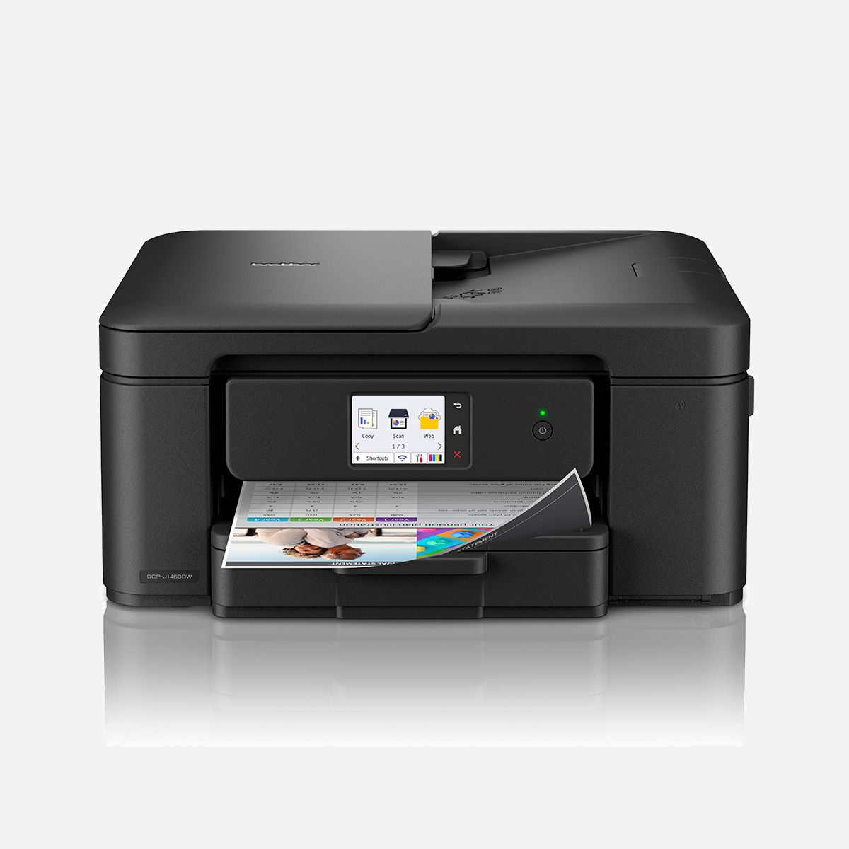 Brother DCP-J1460DW - Imprimante Jet d'Encre Couleur 3-en-1 Recto-Verso Auto 1200x6000 DPI, ADF 20 feuilles, WiFi, AirPrint, USB 2.0, 256 Mo - Restez connecté et imprimez sans effort, où que vous soyez, grâce à l'imprimante jet d'encre compacte et polyvalente DCP-J1460DW. Dotée d'un écran tactile intuitif pour une navigation simplifiée, d'un bac à papier de 150 feuilles et d'un chargeur automatique de documents de 20 feuilles.Imprimez, numérisez et copiez facilement depuis un seul appareil compact, idéal pour le télétravail ou les petits espaces professionnels. Grâce à sa connectivité sans fil, vous pouvez imprimer en toute simplicité depuis un ordinateur portable, un smartphone ou une tablette, sans contrainte de câblage.
