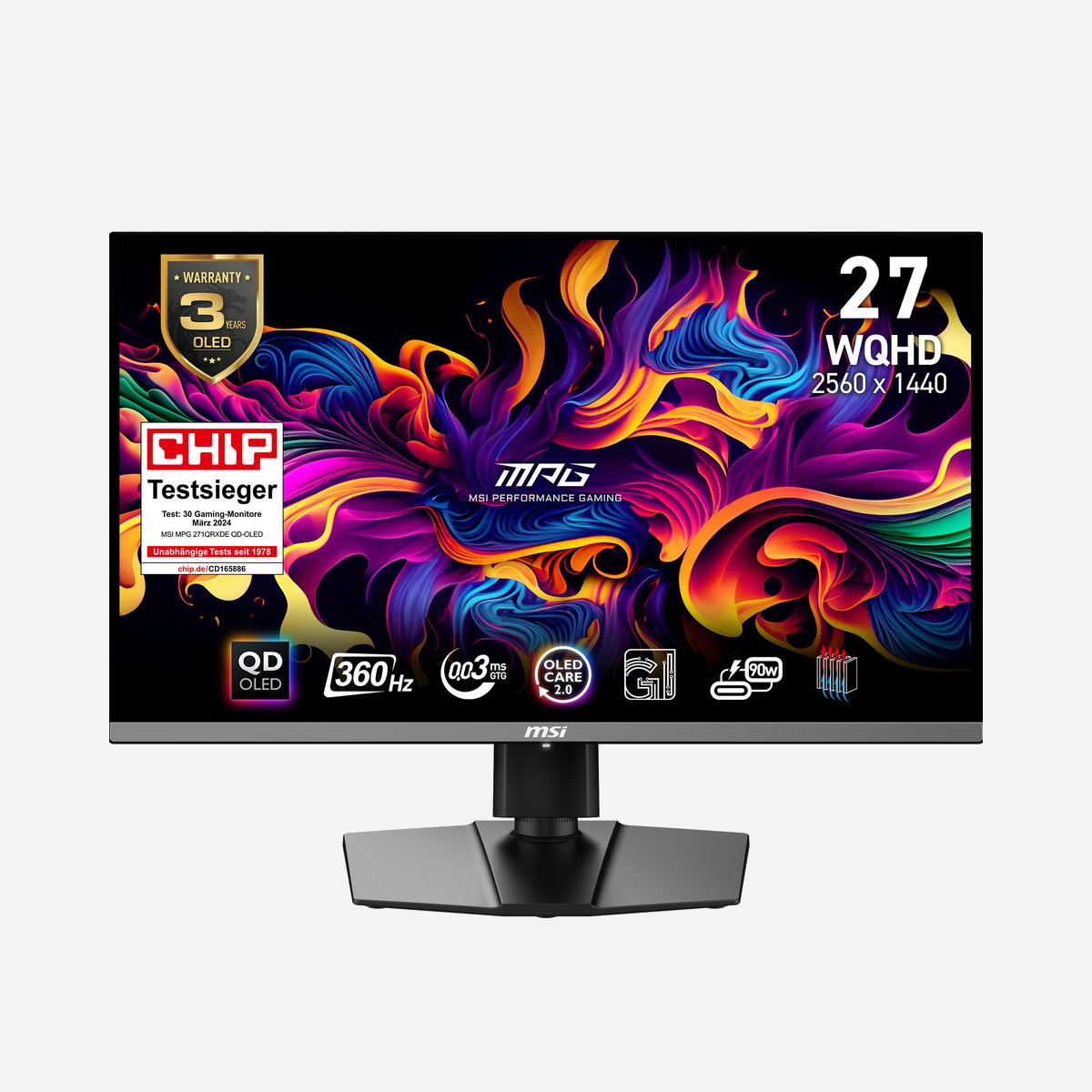 MSI MPG 271QRXDE QD-OLED : Écran Plat PC 26.5" WQHD (2560x1440) 360Hz 0.03ms GtG DisplayHDR 400 True Black, AMD FreeSync, Hub USB - Vivez intensément votre victoire avec l'écran MPG 271QRX QD-OLED ! Il arbore une dalle QD-OLED nouvelle génération à résolution 2560 x 1440 (WQHD), taux de rafraîchissement de 360 Hz et temps de réponse gris à gris de 0,03 ms. Pour vous offrir des images impressionnantes de réalisme et pour éviter les flous de mouvement, il dispose des normes ClearMR 13000 et DisplayHDR True Black 400 de l'organisme VESA. Les fonctionnalités OLED Care 2.0 aident à réduire les risques de brûlures de la dalle. Et pour les amateurs de jeux sur console, le MPG 271QRX QD-OLED propose des ports HDMI™ 2.1 avec bande passante de 48 Gb/s, support d'une fréquence de 120 Hz et fonctions VRR et ALLM.