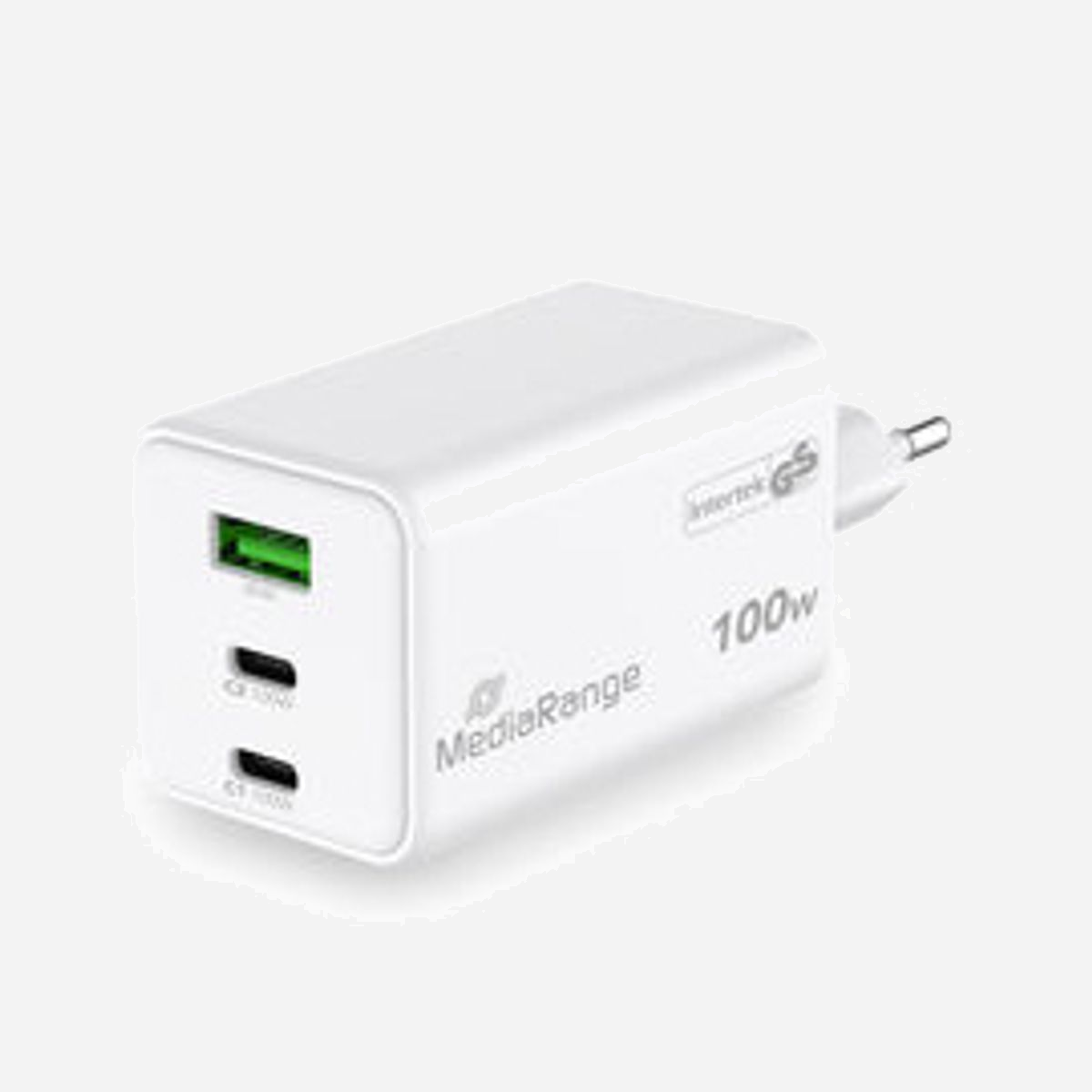MediaRange MRMA123 Chargeur Secteur 100W GaN 2x USB-C (Power Delivery 3.0, PPS) + 1x USB-A (Quick Charge 3.0) pour Ordinateur Portable/Smartphone/Tablette - MediaRange MRMA123. Type de chargeur: Intérieure, Type de source d'alimentation: Secteur, Compatibilité de chargeur: Ordinateur portable, Smartphone, Tablette. Tension d'entrée: 100 - 240 V, Tension de sortie (max): 20 V. Quantité de ports USB de type C: 2, Charge rapide, Dispositifs de protection électrique: Surtension, Surcharge, Surchauffe, Court-circuit. Couleur du produit: Blanc