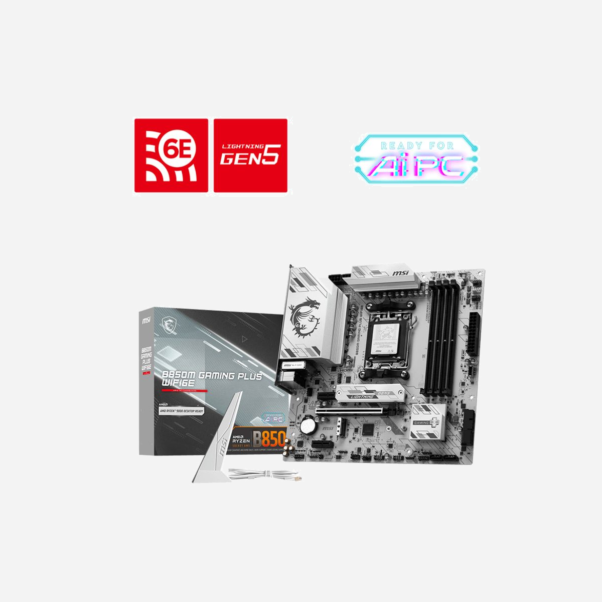 MSI B850M GAMING PLUS WIFI6E : Carte mère micro ATX AMD B850, Socket AM5, DDR5, Wi-Fi 7, M.2 PCIe Gen5/Gen4, Ethernet 5GbE, USB 3.2 Gen2 - MSI B850M GAMING PLUS WIFI6E. Fabricant de processeur: AMD, Socket de processeur (réceptable de processeur): Emplacement AM5, Processeurs compatibles: AMD Ryzen 7000 Series, AMD Ryzen 8000 Series, AMD Ryzen 9000 Series. Types de mémoire pris en charge: DDR5-SDRAM, Mémoire interne maximale: 256 Go, Type de support (slot): DIMM. Interfaces de lecteur de stockage prises en charge: M.2, Types de lecteurs de stockage pris en charge: HDD & SSD, Niveaux RAID: 0, 1, 10. Type d'interface Ethernet: 5 Gigabit Ethernet, Contrôleur de réseau local (LAN): Realtek RTL8126, Norme Wi-Fi: Wi-Fi 7 (802.11be). composant pour: PC, Elément de forme de carte mère: micro ATX, famille de composant de produits: AMD