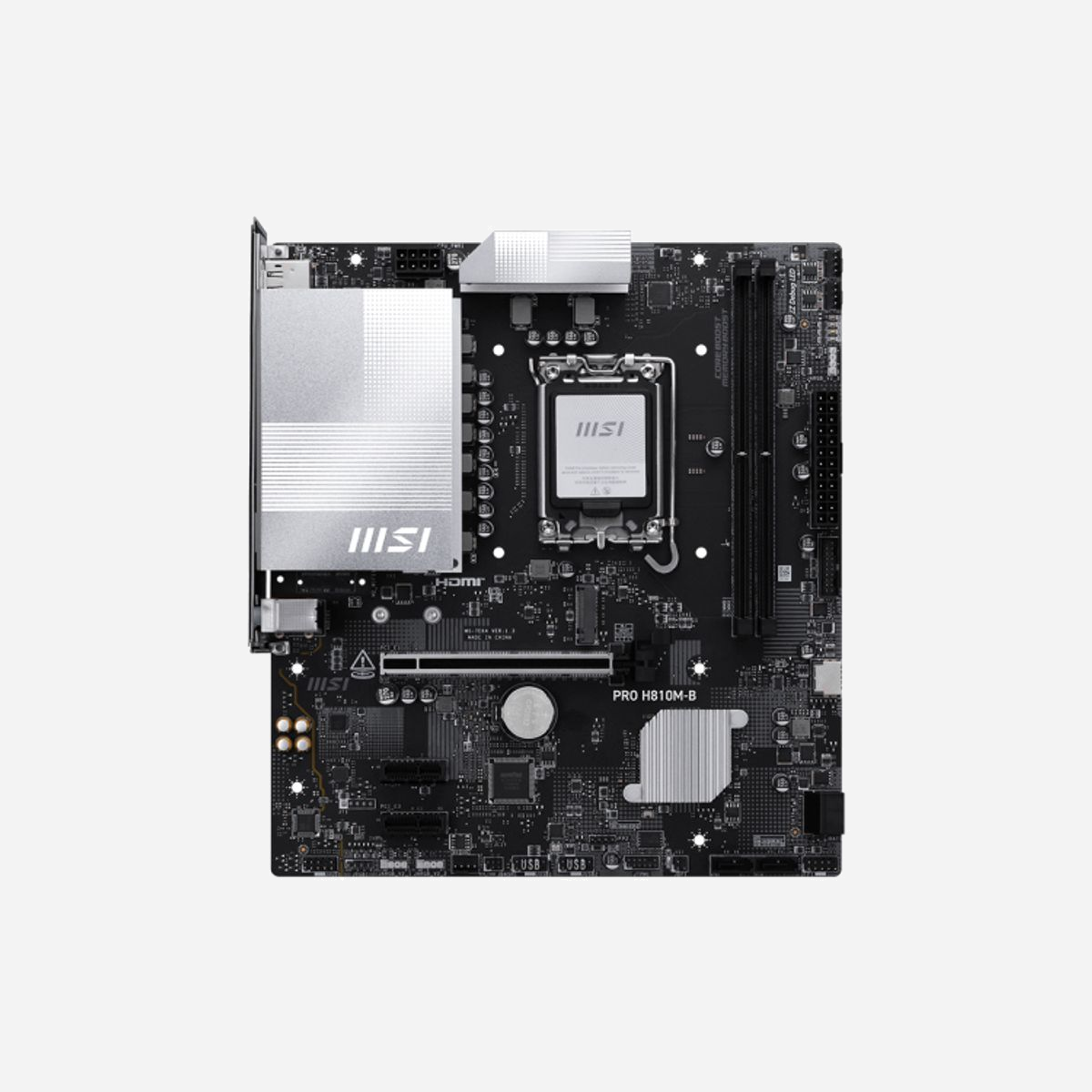Carte mère MSI PRO H810M-B Intel H810 LGA 1851 micro ATX, 2x DDR5-SDRAM 128Go max, SATA III, 2.5GbE, 1x PCIe 5.0 x16, 1x M.2, Windows 11 - MSI PRO H810M-B. Fabricant de processeur: Intel, Socket de processeur (réceptable de processeur): LGA 1851 (Socket V1), Processeurs compatibles: Intel Core Ultra (Series 2). Types de mémoire pris en charge: DDR5-SDRAM, Mémoire interne maximale: 128 Go, Сompatibilité ECC: Non-ECC. Interfaces de lecteur de stockage prises en charge: SATA III, Types de lecteurs de stockage pris en charge: HDD & SSD. Type d'interface Ethernet: 2.5 Gigabit Ethernet. composant pour: PC, Elément de forme de carte mère: micro ATX, famille de composant de produits: Intel