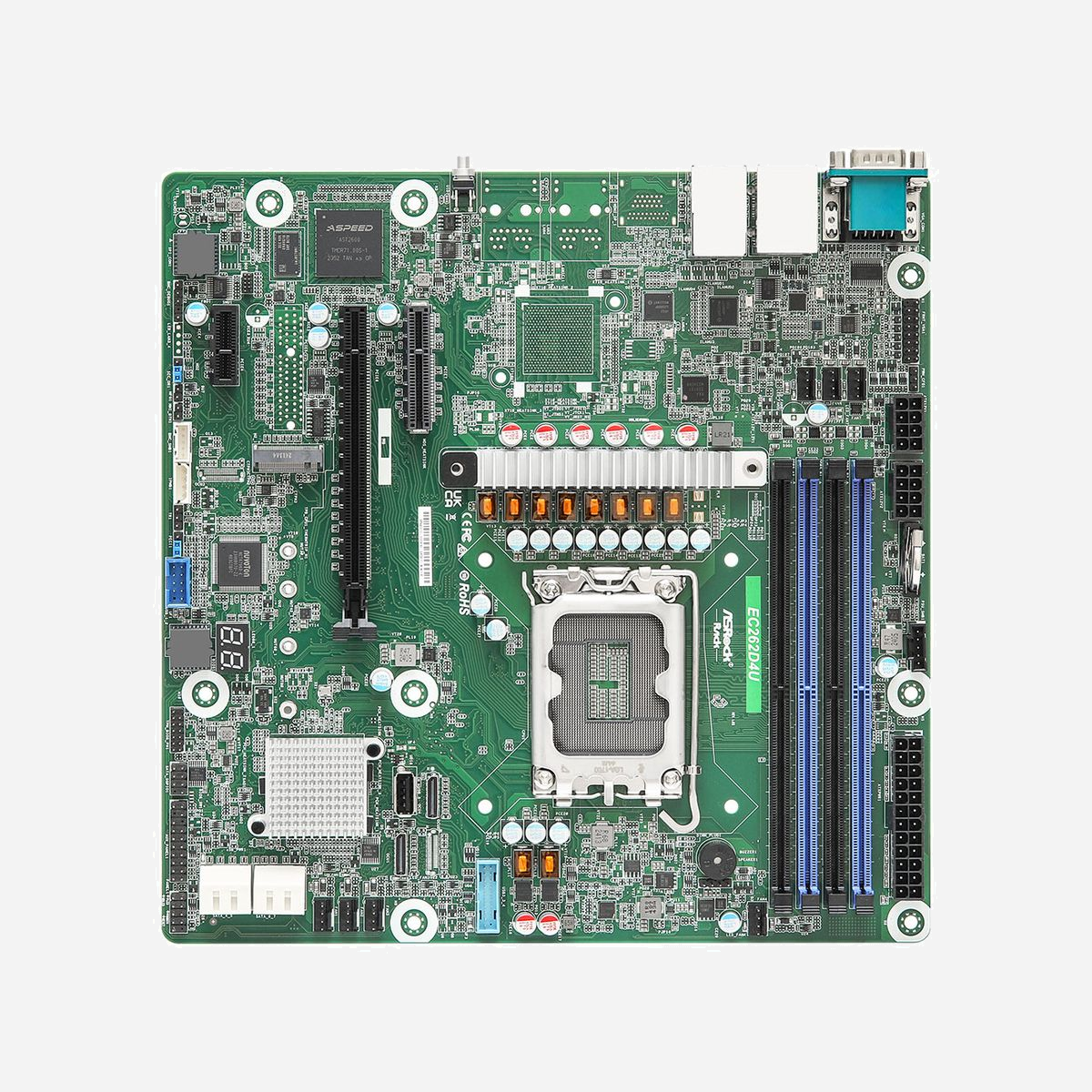 Asrock EC262D4U : Carte mère micro ATX Intel C262, Socket LGA 1700, DDR5 ECC, RAID 0/1/5/10, M.2, Dual LAN, IPMI, Ports USB 3.2 Gen 1, BIOS 256 Mbit. - Asrock EC262D4U. Fabricant de processeur: Intel, Socket de processeur (réceptable de processeur): LGA 1700, Processeurs compatibles: Intel® Xeon®. Types de mémoire pris en charge: DDR5-SDRAM, Type de support (slot): DIMM, Mémoire de tension: 1.1 V. Interfaces de lecteur de stockage prises en charge: M.2, Niveaux RAID: 0, 1, 5, 10. Elément de forme de carte mère: micro ATX, famille de composant de produits: Intel, Carte mère chipset: Intel C262. Type de BIOS: AMI, Capacité de mémoire du BIOS: 256 Mbit