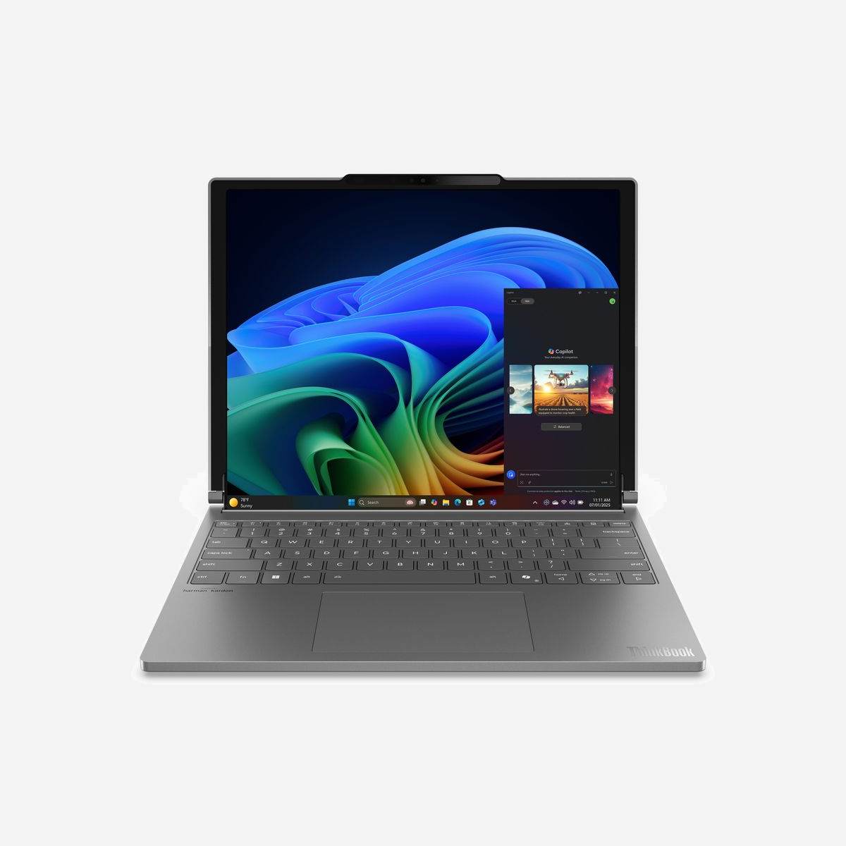 Lenovo ThinkBook Plus G6 Rollable : Intel Core Ultra 7 258V, 32GB LPDDR5x, 1TB SSD, Écran OLED 16.7" (2000x2350), Intel Arc Graphics 140V, Windows 11 Pro - Lenovo ThinkBook Plus G6 Rollable Copilot+ PC. Type de produit: Ordinateur portable, Format: Convertible (Rollable screen). Famille de processeur: Intel Core Ultra 7, Modèle de processeur: 258V. Taille de l'écran: 42,4 cm (16.7"), Résolution de l'écran: 2000 x 2350 pixels. Mémoire interne: 32 Go, Type de mémoire interne: LPDDR5x-SDRAM. Capacité totale de stockage: 1 To, Supports de stockage: SSD. Modèle d'adaptateur graphique inclus: Intel Arc Graphics 140V. Système d'exploitation installé: Windows 11 Pro. Couleur du produit: Gris. Poids: 1,69 kg