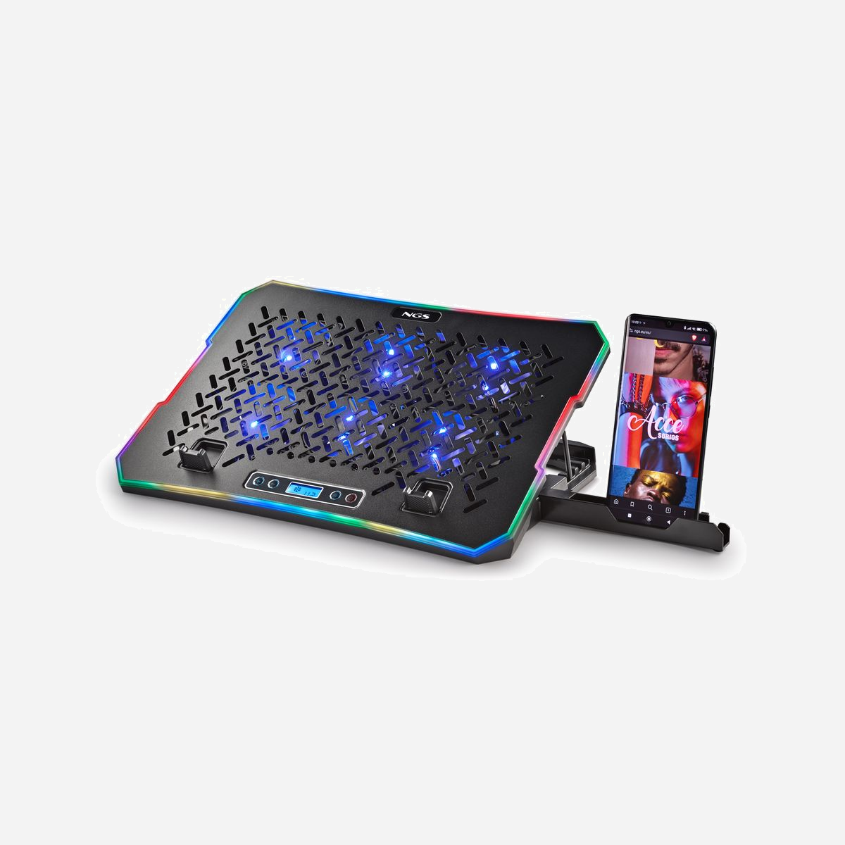 NGS HERO STAND - Refroidisseur pour PC portable jusqu'à 15.6" - 6 ventilateurs 7cm - 2400 RPM max - Écran LCD - 4 hauteurs - 2x USB - Alimentation USB - NGS HERO STAND. Taille maximale de l’écran: 39,6 cm (15.6"), Nombre de ventilateurs intégrés: 6 pièce(s), Diamètre du ventilateur: 7 cm. Couleur du produit: Noir, Matériel: Métal, Type d'écran: LCD. Interface de l'hôte: USB. Type de source d'alimentation: USB. Largeur: 360 mm, Profondeur: 260 mm, Hauteur: 31 mm