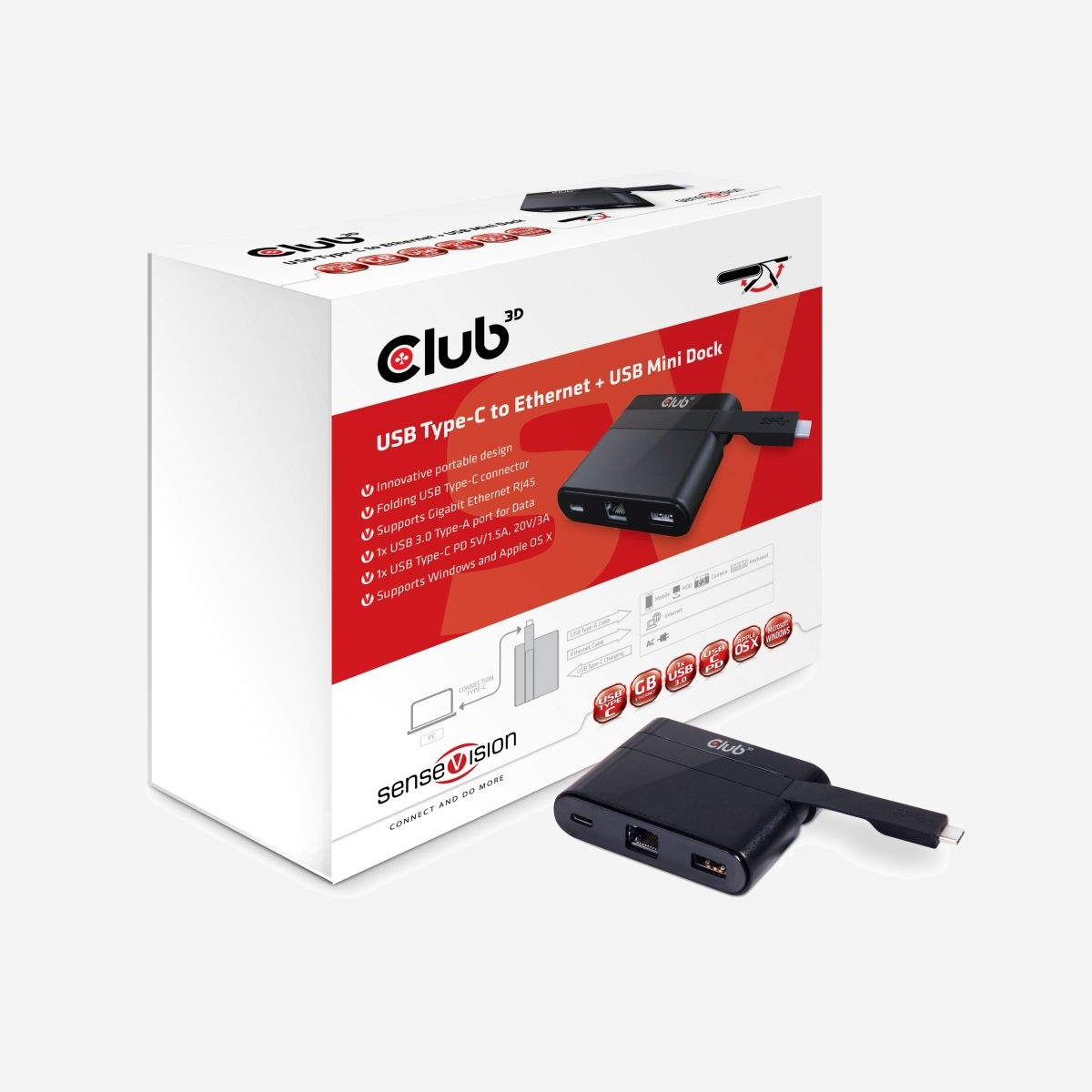 CLUB3D Mini Dock USB Type-C vers Ethernet Gigabit + USB 3.2 Gen 1 Type-A + USB Type-C Charging, 1x RJ45, Noir, 78x60x19mm, RoHS, CSV-1530 - CLUB3D USB Type-C to Ethernet + USB 3.0 + USB Type-C Charging Mini Dock. Technologie de connectivité: Avec fil, Interface de l'hôte: USB 3.2 Gen 1 (3.1 Gen 1) Type-C. LAN Ethernet : taux de transfert des données: 10,100,1000 Mbit/s. Couleur du produit: Noir. Largeur: 78 mm, Profondeur: 60 mm, Hauteur: 19 mm. Quantité: 1 pièce(s), Largeur du colis: 135 mm, Profondeur du colis: 45 mm