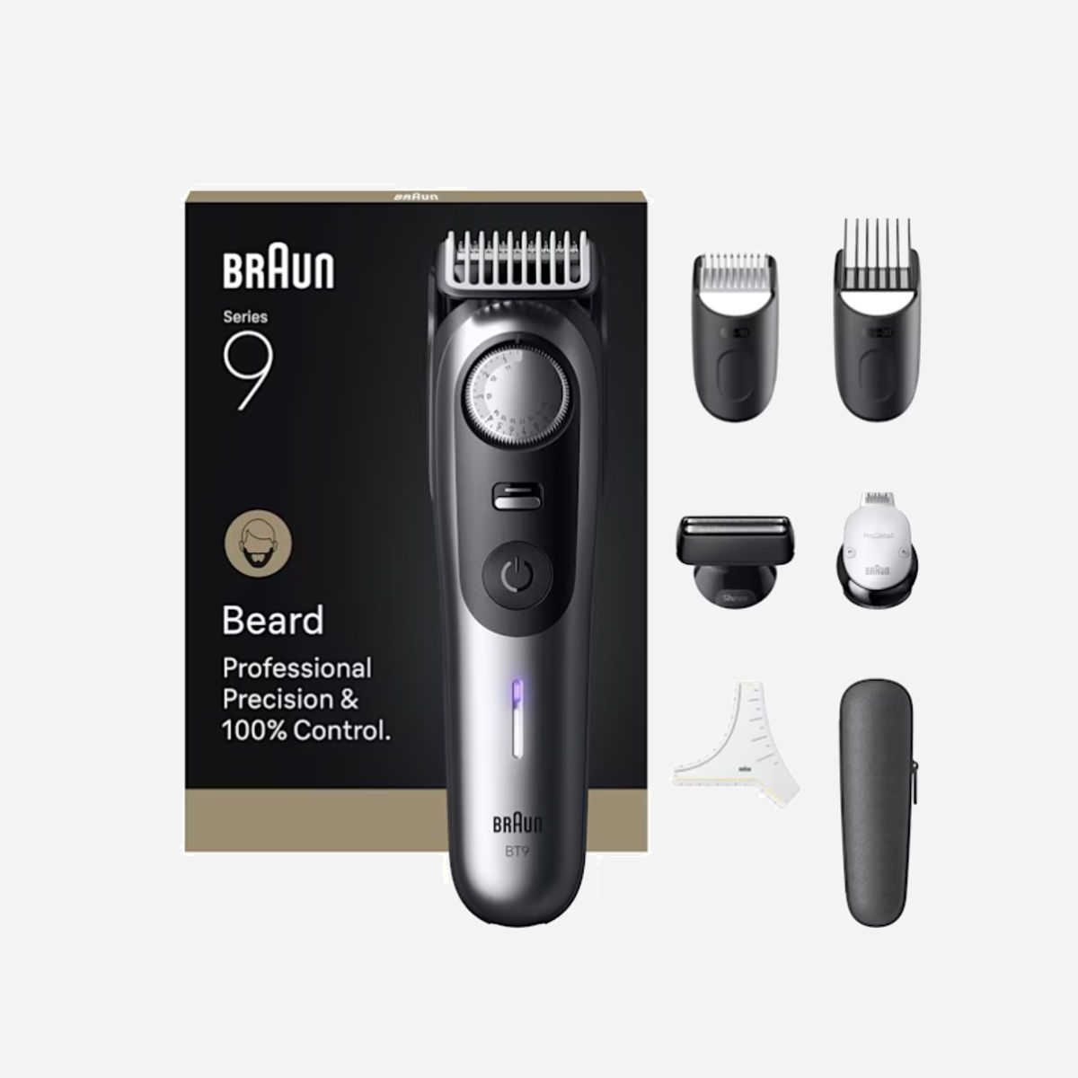 Tondeuse à barbe Braun BT9520 : 0.5-20mm, 52 réglages, Batterie Li-Ion 180 min, Recharge 2.5h/5min Quick Charge, Wet&Dry, 7 accessoires - Braun BeardTrimmer 9 BT9520. Longueur de cheveux minimum: 0,5 mm, Longueur de cheveux maximum: 2 cm, Type de commande: Boutons, Rotatif. Couleur du produit: Noir, Gris. Source d'alimentation: Batterie, Durée de fonctionnement (min): 180 min, Type de batterie: Batterie intégré. Largeur: 47 mm, Profondeur: 45 mm, Hauteur: 170 mm. Type d'emballage: Boîte