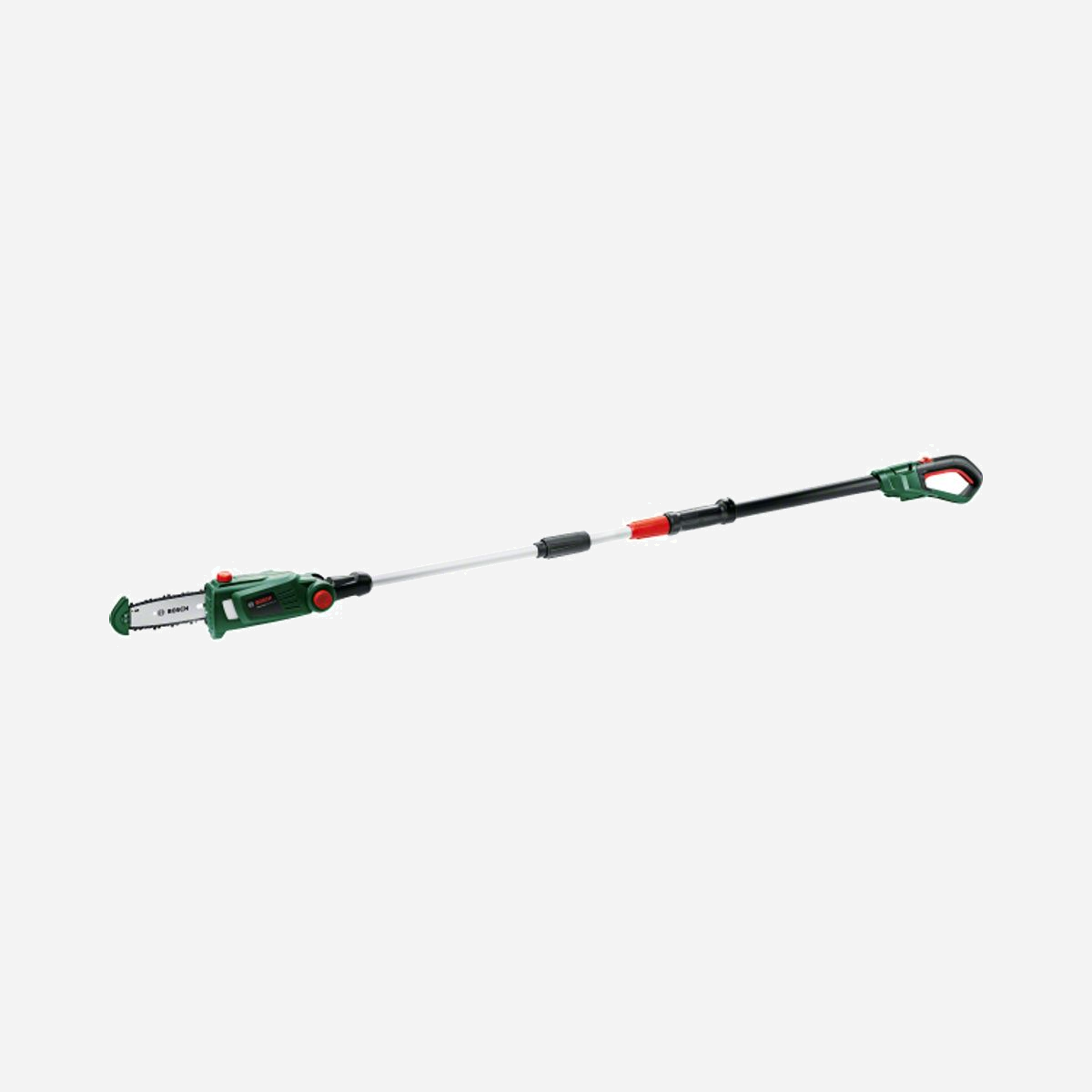 Élagueuse sur Perche Bosch 0-600-8B3-101 18V : Longueur de Lame 15cm, Guide-Chaîne 20cm, Vitesse de Chaîne 4m/s, Réservoir d'Huile 60L, Poids 3.6kg - <b>Principales caractéristiques du produit</b><br>- Permet d’élaguer sans effort des branches d’arbre hautes en restant au niveau du sol, et donc sans utiliser d’échelle, grâce à la perche télescopique et à la tête pivotante<br>- Permet une coupe en continu sans endommagement des arbres<br>- Ergonomique, bien équilibrée et légère, utilisable sans fatigue au niveau des bras et des épaules<br>- Une batterie pour tous les outils de bricolage et de jardinage du système sans fil Lithium-Ion Power for ALL 18 V<br>- Puce Syneon – gestion intelligente de l’énergie en fonction de chaque projet<br>- Protection antirebond et crampon amortisseur pour une meilleure maîtrise des coupes par le haut ou par le bas<br>- Indicateur de niveau d’huile et lubrification de chaîne automatique empêchant un fonctionnement à sec