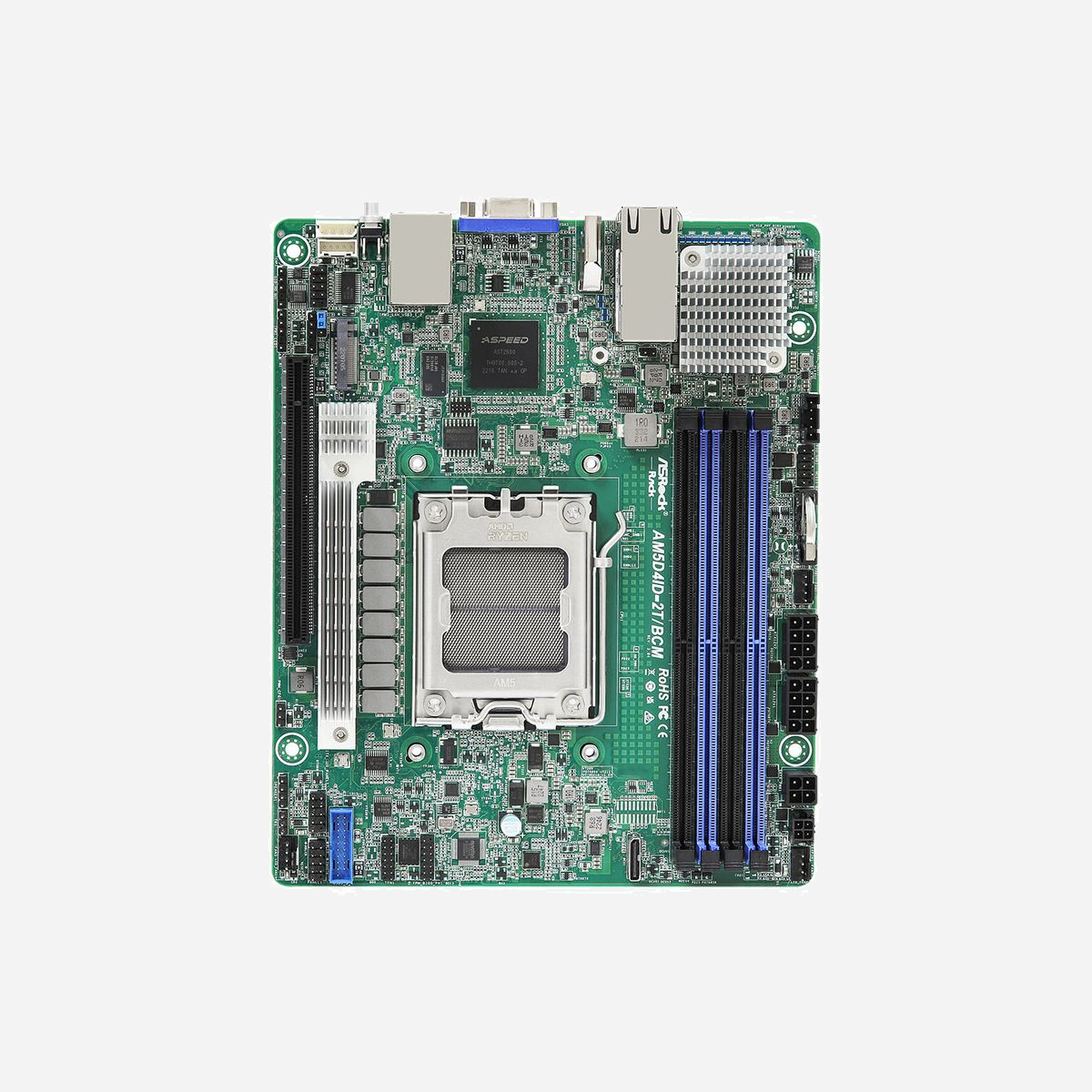 Asrock AM5D4ID-2T/BCM : Carte mère mini ITX Socket AM5, DDR5 ECC/Non-ECC 5200MHz, 1x M.2, AST2600, 2x 10GbE, PCIe 5.0, Support Windows/Linux - Asrock AM5D4ID-2T/BCM. Fabricant de processeur: AMD, Socket de processeur (réceptable de processeur): Emplacement AM5, Processeurs compatibles: AMD EPYC 4004, AMD Ryzen 7000 Series, AMD Ryzen 8000 Series, AMD Ryzen 9000 Series. Types de mémoire pris en charge: DDR5-SDRAM, Type de support (slot): DIMM, Mémoire de tension: 1.1 V. Interfaces de lecteur de stockage prises en charge: M.2, Types de lecteurs de stockage pris en charge: SSD. Famille d'adaptateur graphique: ASPEED, Adaptateur graphique: AST2600. Type d'interface Ethernet: 10 Gigabit Ethernet, Contrôleur de réseau local (LAN): Broadcom BCM57416