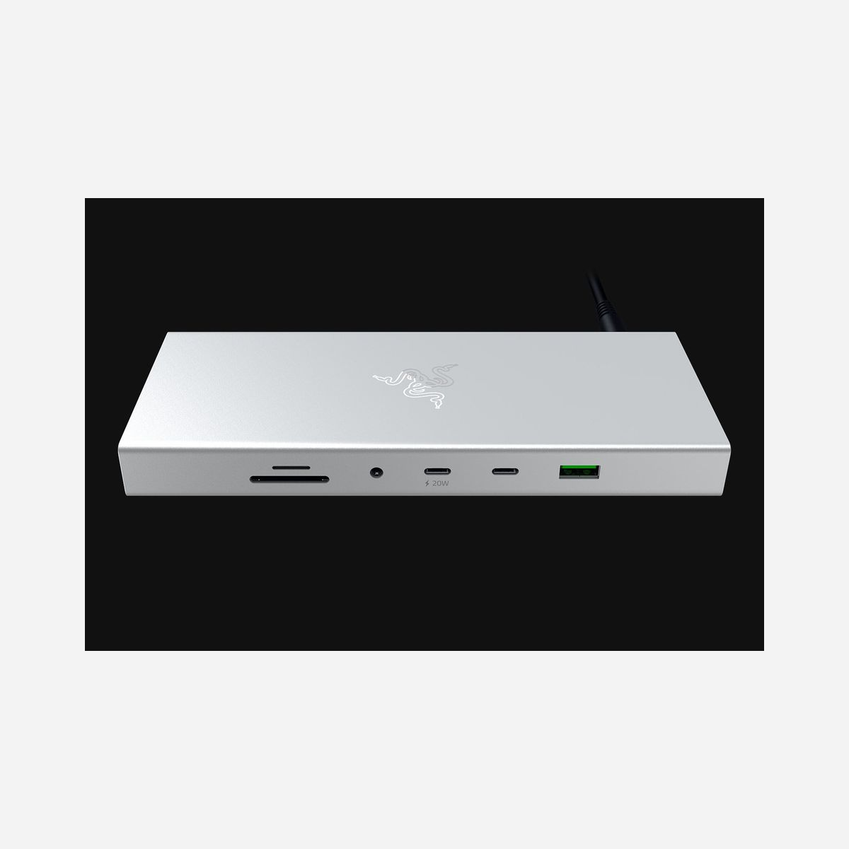 Razer USB 4 Dock RC21-02280200-R3EK Argent - USB Type-C, HDMI 2.1, DisplayPort 1.4, Gigabit Ethernet, USB 3.2 Gen 2, Lecteur Cartes SD/MicroSD, Windows/macOS - Razer USB 4 Dock. Interface de l'hôte: USB Type-C, Interfaces Hub: 3ˌ5mm, DisplayPort, HDMI, RJ-45, USB 2.0 Type-A, USB 3.2 Gen 1 (3.1 Gen 1) Type-A, USB 3.2 Gen 2..., Cartes mémoire compatibles: MicroSD (TransFlash), SD. Taux de transfert de données: 10000 Mbit/s, Taux de d'actualisation maximal: 120 Hz, Résolution maximum (HDMI): 3840 x 2160 pixels. Type d'interface Ethernet: Gigabit Ethernet, LAN Ethernet : taux de transfert des données: 10,100,1000 Mbit/s. Type d'alimentation d'énergie: Secteur. Prise en charge du système d'exploitation Windows: Windows 10, Windows 11, Prise en charge du système d'exploitation Mac: Mac OS X 10.13 High Sierra, Mac OS X 10.14 Mojave, Mac OS X 10.15 Catalina, Mac OS X 10.15.3...