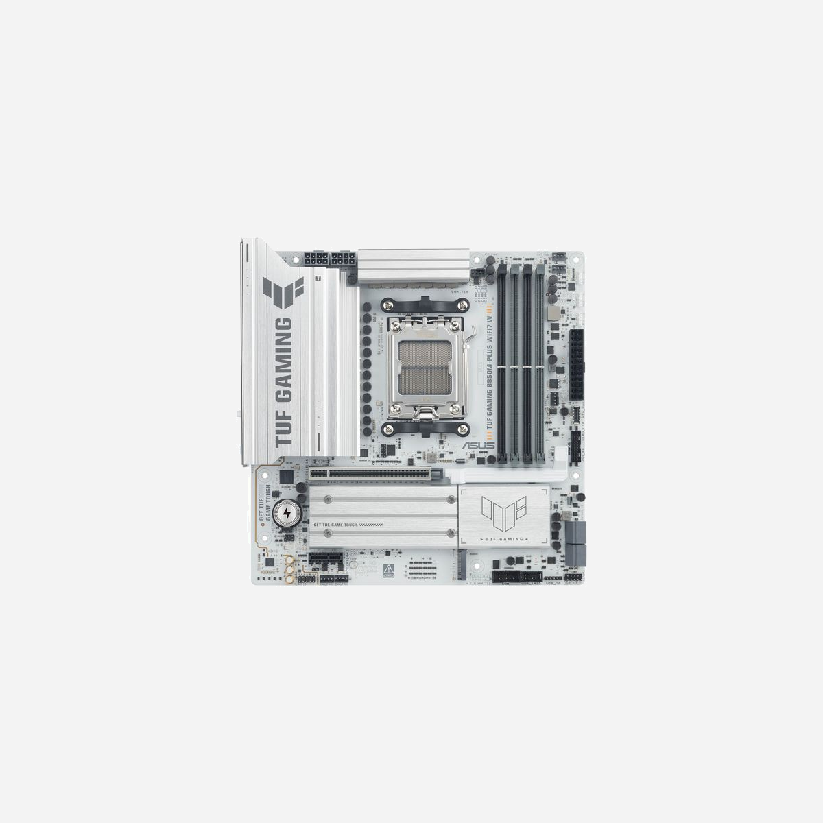 ASUS TUF GAMING B850M-PLUS WIFI7 W : Carte mère micro ATX AMD B850 Socket AM5 DDR5 Wi-Fi 7, Triple M.2 PCIe 5.0/4.0, 2.5Gb Ethernet - ASUS TUF GAMING B850M-PLUS WIFI7 W. Fabricant de processeur: AMD, Socket de processeur (réceptable de processeur): Emplacement AM5, Processeurs compatibles: AMD Ryzen 7000 Series, AMD Ryzen 8000 Series, AMD Ryzen 9000 Series. Types de mémoire pris en charge: DDR5-SDRAM, Mémoire interne maximale: 256 Go, Type de support (slot): DIMM. Interfaces de lecteur de stockage prises en charge: M.2, SATA III, Types de lecteurs de stockage pris en charge: HDD & SSD, Niveaux RAID: 0, 1, 5, 10. Type d'interface Ethernet: 2.5 Gigabit Ethernet, Norme Wi-Fi: Wi-Fi 7 (802.11be), Standards wifi: Wi-Fi 7 (802.11be). composant pour: PC, Elément de forme de carte mère: micro ATX, famille de composant de produits: AMD
