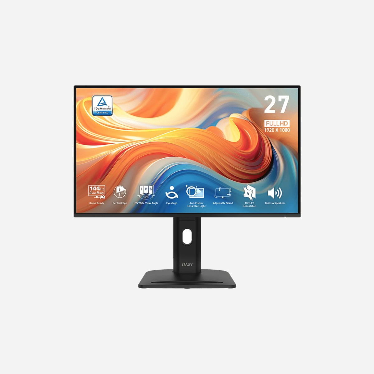 MSI PRO MP275PG E14 - Écran LCD 27" Full HD (1920x1080) IPS, 144Hz, 1ms MPRT, 4ms GTG, HDMI 2.0/DisplayPort 1.2a, VESA Adaptive Sync, Noir - MSI PRO MP275PG E14. Taille de l'écran: 68,6 cm (27"), Résolution de l'écran: 1920 x 1080 pixels, Type HD: Full HD, Technologie d'affichage: LCD, Temps de réponse: 4 ms, Format d'image: 16:9, Angle de vision horizontal: 178°, Angle de vision vertical: 178°. Haut-parleurs intégrés. Montage VESA, Réglage de la hauteur. Couleur du produit: Noir