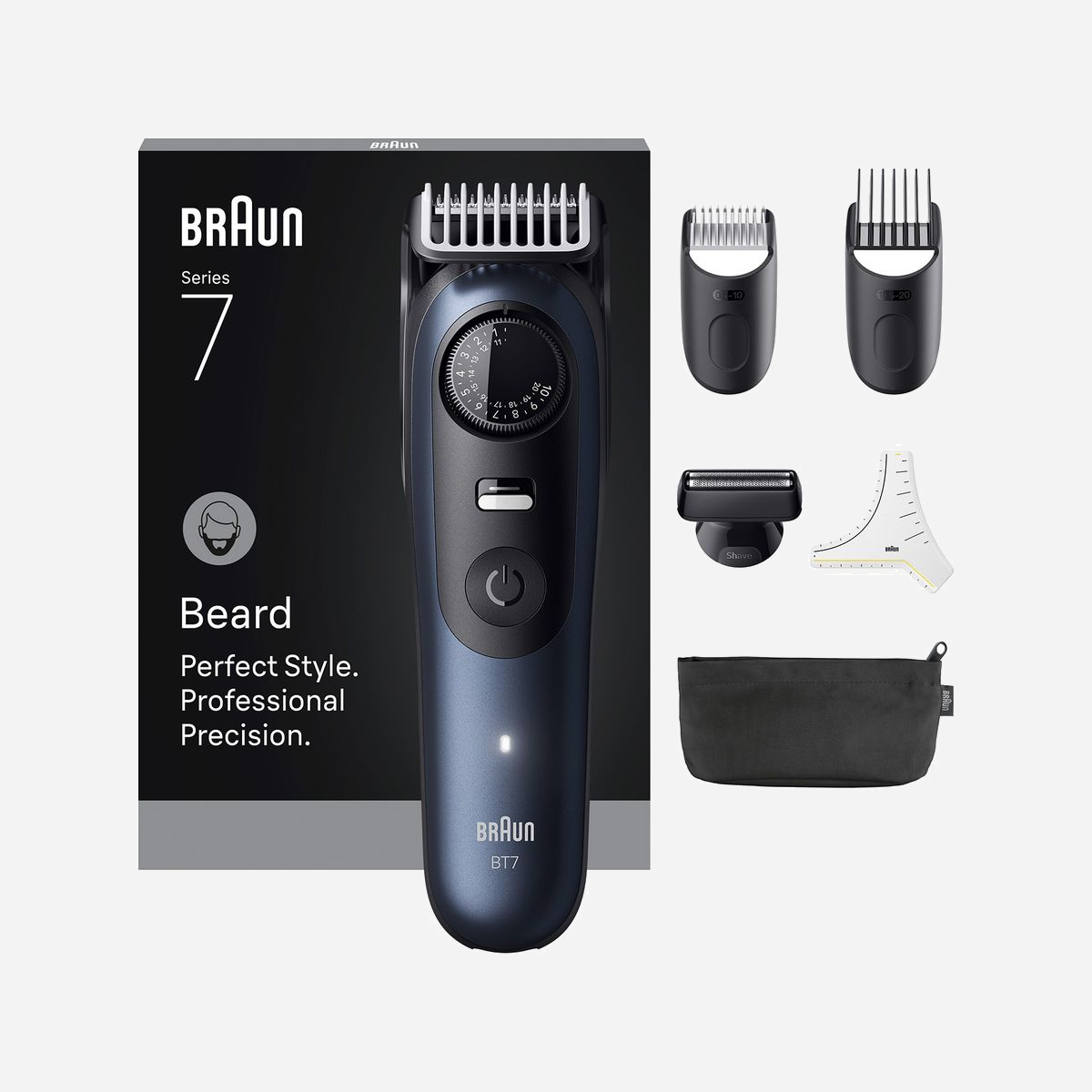 Tondeuse à Barbe Braun BeardTrimmer 7 BT7520 : 0.5-20mm, 40 Niveaux, Batterie 120min, Wet&Dry, Li-Ion, Charge Rapide, 42x45x156mm, Noir/Bleu - Braun BeardTrimmer 7 BT7520. Longueur de cheveux minimum: 0,5 mm, Longueur de cheveux maximum: 2 cm, Type de commande: Boutons, Rotatif. Couleur du produit: Noir, Bleu. Source d'alimentation: Batterie, Durée de fonctionnement (min): 120 min, Type de batterie: Batterie intégré. Largeur: 42 mm, Profondeur: 45 mm, Hauteur: 156 mm. Type d'emballage: Boîte
