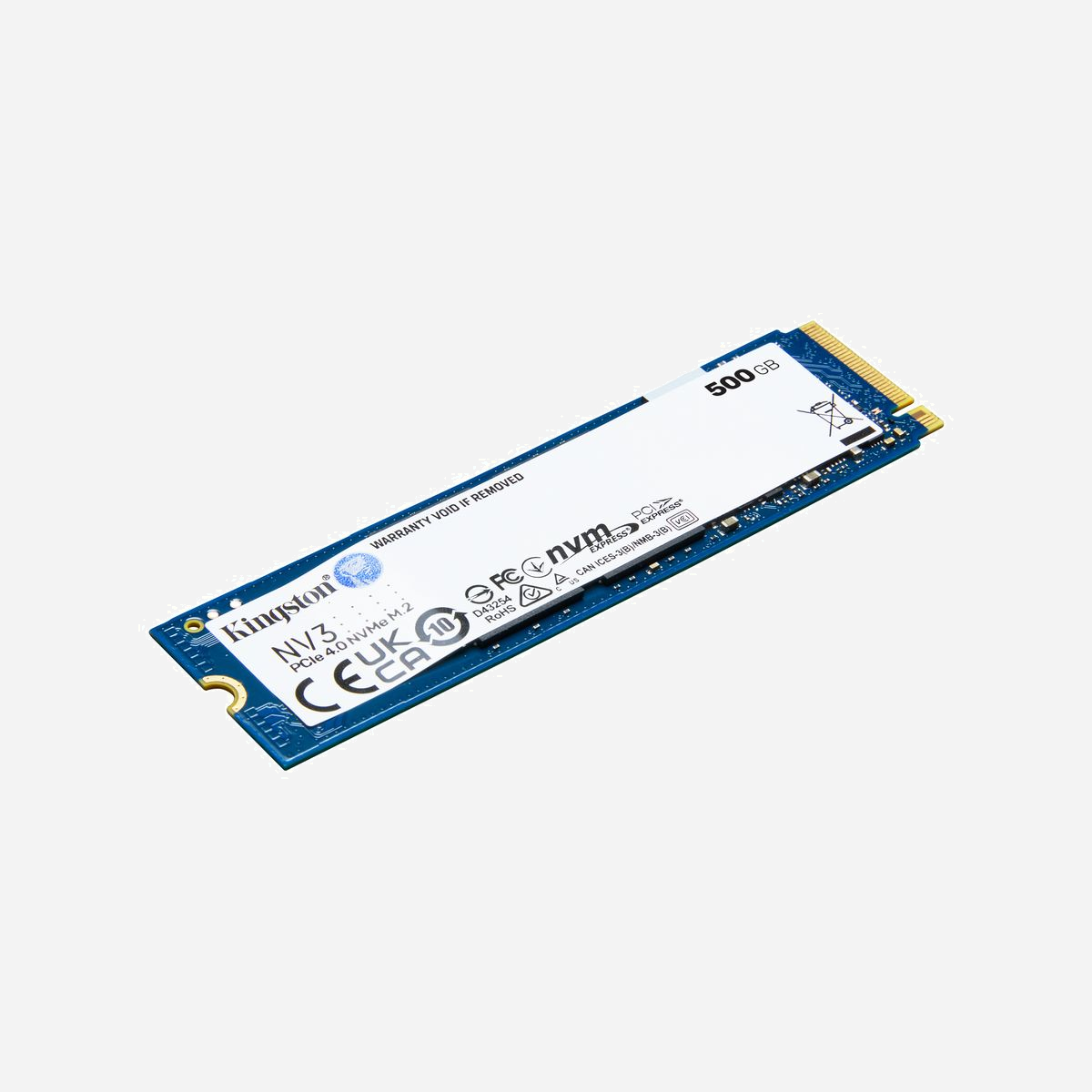 Kingston Technology NV3 500GB SSD NVMe PCIe 4.0 M.2 2280, Lecture 5000Mo/s, Ecriture 3000Mo/s, 3D NAND, TBW 160, SNV3S/500GBK - Le Kingston NV3 PCIe 4.0 NVMe SSD est une solution de stockage de nouvelle génération alimentée par un contrôleur NVMe Gen 4x4 qui offre des vitesses de lecture/écriture allant jusqu’à 6 000/5 000 Mo/s*. Il permet de réduire la consommation d’énergie et la chaleur, optimisant ainsi les performances de votre système sans en compromettre la valeur. La conception compacte à simple face M.2 2280 (22x80mm) permet d’étendre le stockage jusqu’à 4 To** tout en économisant de l’espace pour d’autres composants. Bénéficiez des vitesses NVMe avec NV3.<br><br>Disponible dans des capacités allant de 500 Go à 4 To**, pour offrir tout l’espace nécessaire aux applications, documents, photos, vidéos, jeux et plus encore.<br><br><b>Performances NVMe PCIe Gen 4x4</b><br>Boostez votre système avec des vitesses de lecture/écriture allant jusqu’à 6 000/5 000 Mo/s*.<br><br><b>Idéal pour les systèmes à l’espace limité</b><br>Intégration aisée dans les systèmes dotés de connecteurs M.2. Idéal pour les ordinateurs portables minces et les PC de petit format.<br><br><b>Stockage étendu</b><br>Disponible dans diverses capacités allant jusqu’à 4 To**, il offre suffisamment d’espace pour stocker des fichiers, des vidéos, des documents et des jeux.