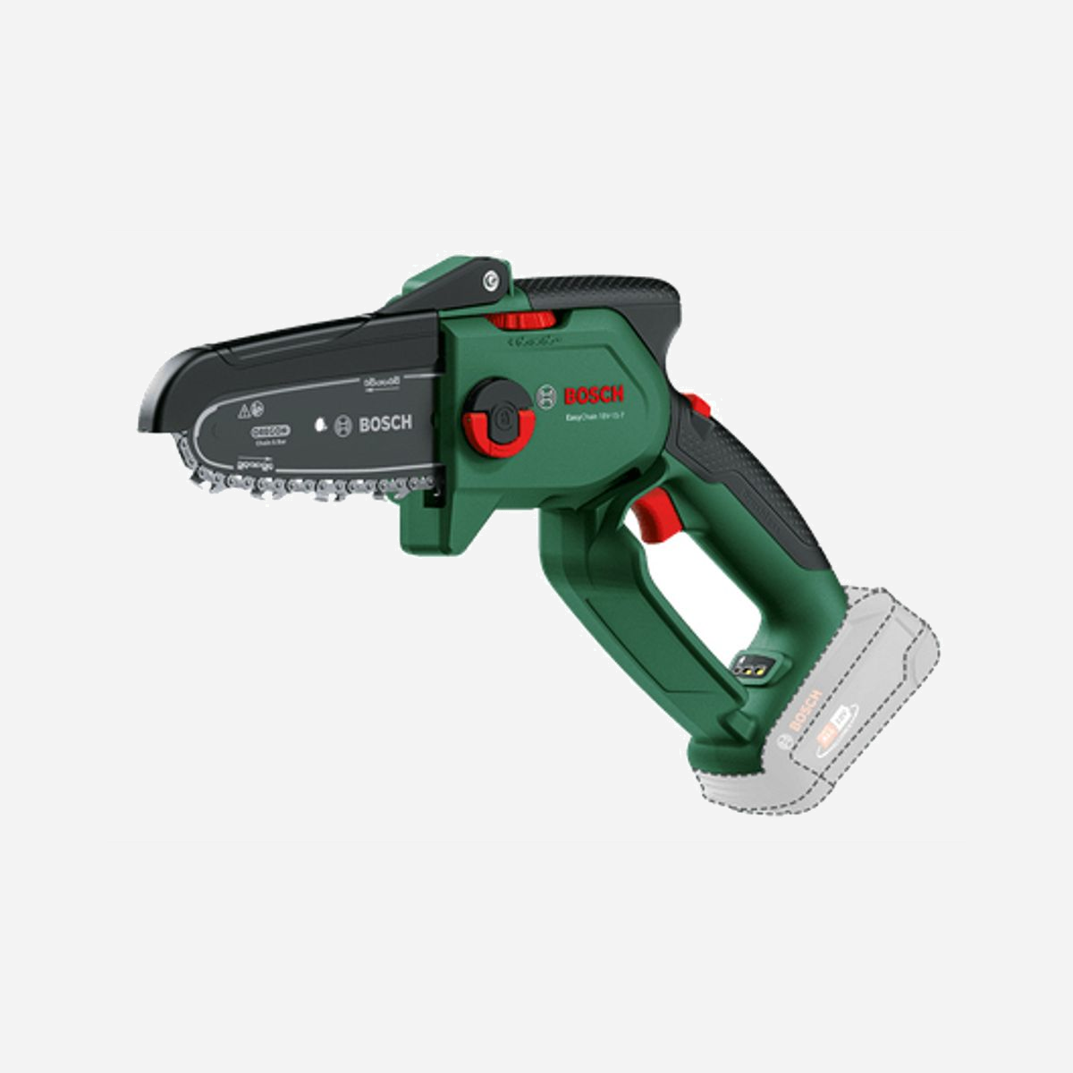 Tronçonneuse à batterie Bosch EasyChain 18V-15-7, guide 15cm, coupe 13cm, vitesse chaîne 6.95m/s, épaisseur lien 1.1mm, 18V, 2.5Ah (sans batterie/chargeur) - Bosch EasyChain 18V-15-7. Longueur de découpe: 13 cm, Longueur de la barre de la chaîne: 15 cm, Vitesse de la chaîne: 6,95 m/s. Source d'alimentation: Batterie, Capacité de la batterie: 2,5 Ah, Tension des piles: 18 V. Largeur: 102 mm, Hauteur: 237 mm, Longueur du produit: 370 mm