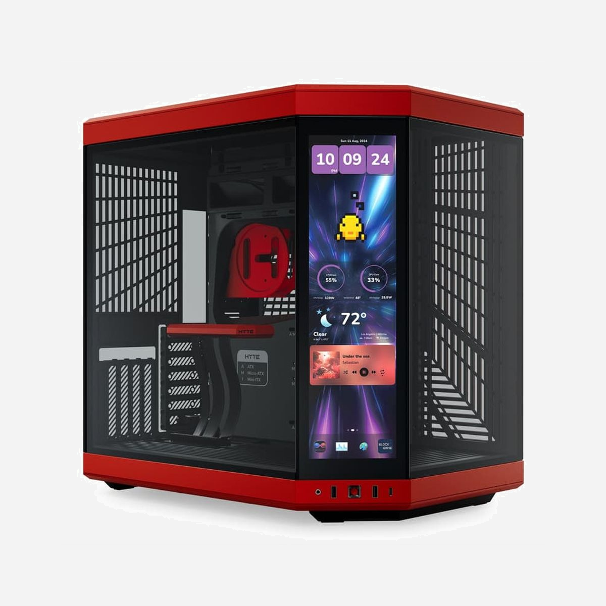 HYTE Y70 Touch Infinite Black Cherry : Boîtier PC Midi Tower ATX/Mini-ATX/ITX/EATX Noir/Rouge, écran tactile, 2x3.5", 4x2.5", USB 3.2 Gen 1/Gen 2. - HYTE Y70 Touch Infinite Black Cherry. Format: Midi Tower, Type: PC, Couleur du produit: Noir, Rouge. Type d'écran tactile: Capacité. Pris en charge des diamètres des ventilateurs latérals: 120,140 mm, Pris en charge des diamètres des ventilateurs arrières: 120,140 mm, Pris en charge des diamètres des ventilateurs supérieurs: 120,140 mm. Tailles de disques durs supportées: 2.5,3.5". Largeur: 430 mm, Profondeur: 320 mm, Hauteur: 470 mm