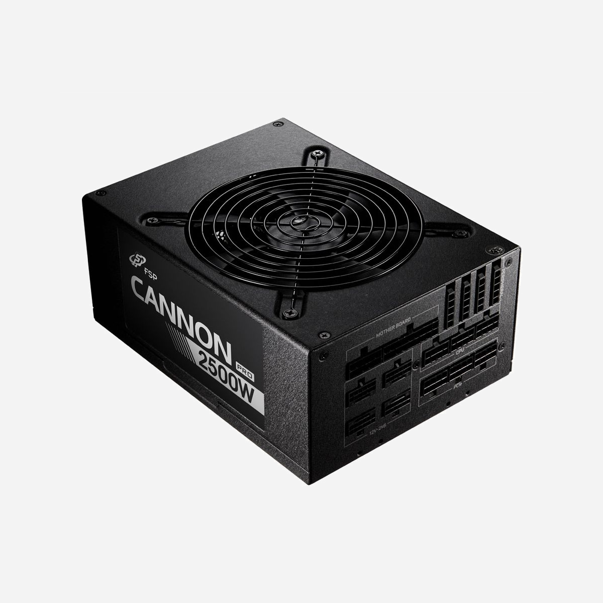 FSP CANNON PRO 2500W ATX3.1 Alimentation PC 20+4 Pin ATX 80 PLUS Platinum, PFC Actif, 13.5cm FDB Fan, Câblage Modulaire, Multiples Protections - FSP CANNON PRO(ATX3.1) 2500W. Puissance totale: 2500 W, Tension d'entrée AC: 200 - 240 V, Fréquence d'entrée AC: 50/60 Hz. Connecteur de la carte mère: 20+4 pin ATX, Longueur du câble d'alimentation SATA: 965 mm, Longueur du câble d'alimentation du périphérique (Molex): 965 mm. Utilité: PC, Facteur de forme de l'unité d'alimentation: ATX, Certification 80 PLUS: 80 PLUS Platinum. Couleur du produit: Noir, Diamètre du ventilateur: 13,5 cm, Nombre de ventilateurs: 1 ventilateur(s). Largeur: 150 mm, Profondeur: 200 mm, Hauteur: 86 mm