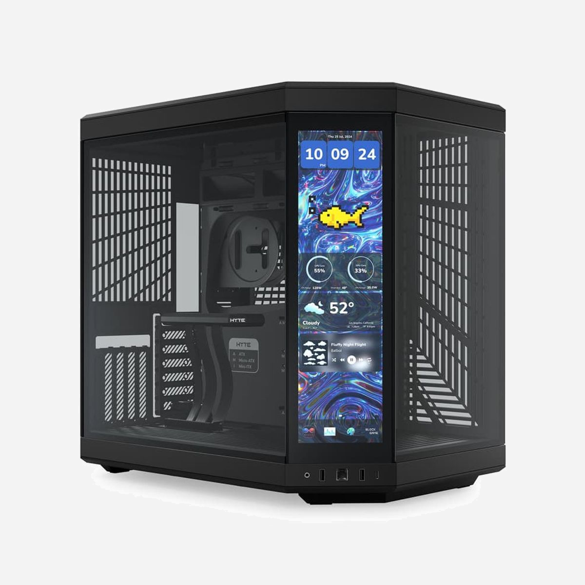 HYTE Y70 Touch Infinite - Boîtier PC Midi Tower Noir, Écran Tactile, ATX/EATX/ITX/Mini-ATX, Baies 2x3.5", 4x2.5", USB 3.2, Ventilation 120/140mm, Radiateurs 360mm max. - HYTE Y70 Touch Infinite. Format: Midi Tower, Type: PC, Couleur du produit: Noir. Type d'écran tactile: Capacité. Pris en charge des diamètres des ventilateurs latérals: 120,140 mm, Pris en charge des diamètres des ventilateurs arrières: 120,140 mm, Pris en charge des diamètres des ventilateurs supérieurs: 120,140 mm. Tailles de disques durs supportées: 2.5,3.5". Largeur: 430 mm, Profondeur: 320 mm, Hauteur: 470 mm