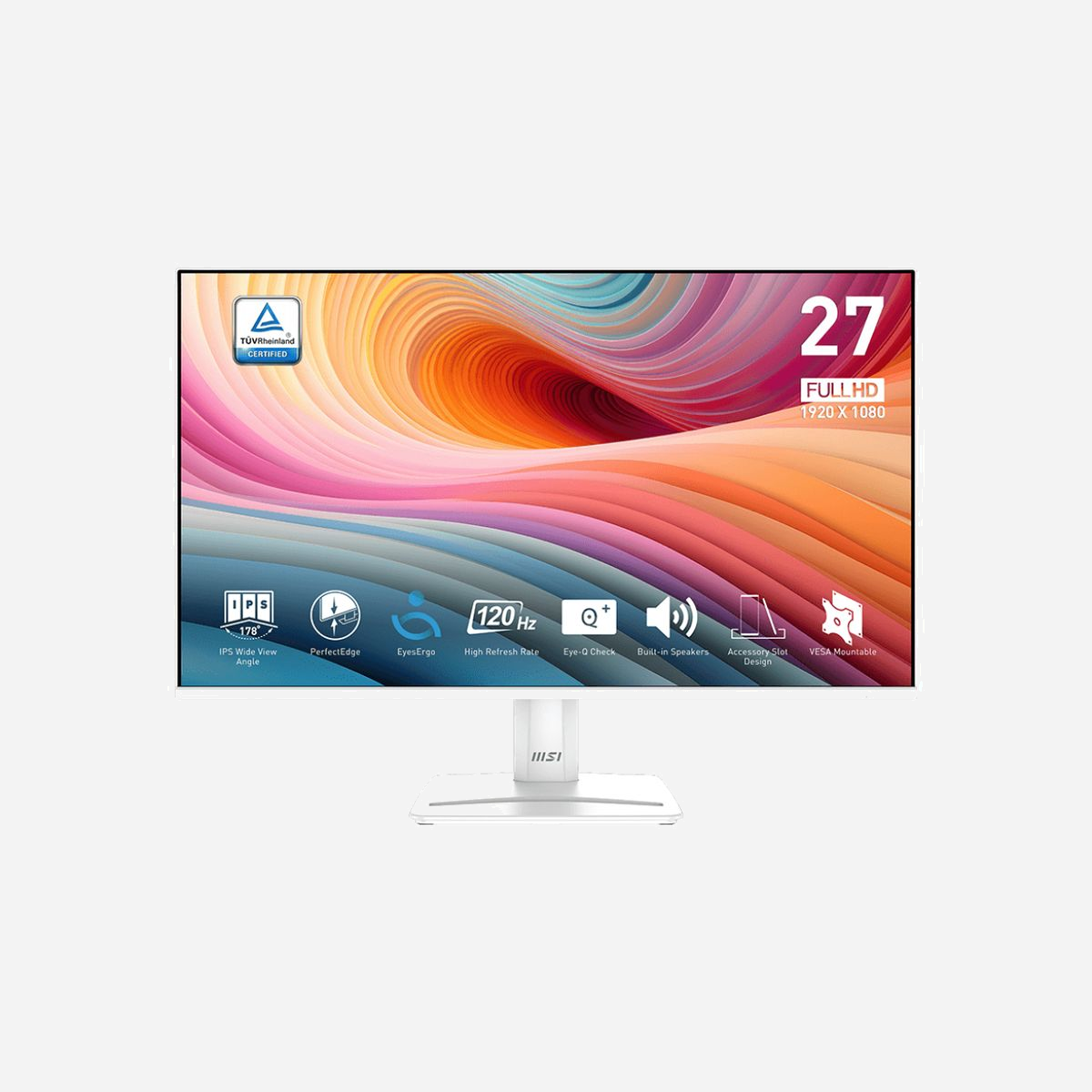 MSI Pro MP275W E2 - Écran 27" LED Full HD 1920x1080, Panel IPS, 4ms GTG/1ms MPRT, 120Hz, HDMI 2.0/DisplayPort 1.2a, Blanc - MSI Pro MP275W E2. Taille de l'écran: 68,6 cm (27"), Résolution de l'écran: 1920 x 1080 pixels, Type HD: Full HD, Technologie d'affichage: LED, Temps de réponse: 4 ms, Format d'image: 16:9, Angle de vision horizontal: 178°, Angle de vision vertical: 178°. Haut-parleurs intégrés. Montage VESA. Couleur du produit: Blanc
