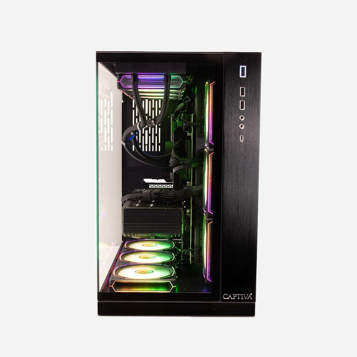 CAPTIVA R89-083: AMD Ryzen 7 9800X3D, 32Go DDR5 5200MHz, SSD 2To M.2, NVIDIA GeForce RTX 5080 16Go GDDR7, Windows 11 Home, Midi Tower - CAPTIVA Highend Gaming R89-083. Fréquence du processeur: 4,7 GHz, Famille de processeur: AMD Ryzen™ 7, Modèle de processeur: 9800X3D. Mémoire interne: 32 Go, Type de mémoire interne: DDR5-SDRAM, Fréquence de la mémoire: 5200 MHz. Capacité totale de stockage: 2 To, Supports de stockage: SSD. Modèle d'adaptateur graphique inclus: AMD Radeon Graphics, Modèle d'adaptateur graphique distinct: NVIDIA GeForce RTX 5080. Système d'exploitation installé: Windows 11 Home, Architecture du système d'exploitation: 64-bit. Alimentation d'énergie: 850 W. Type de châssis: Midi Tower. Type de produit: PC