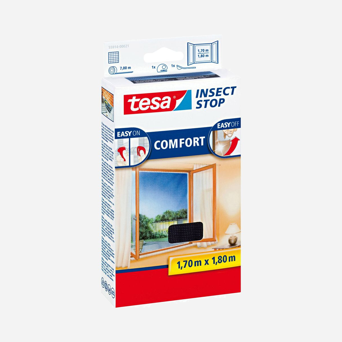 TESA Insect Stop COMFORT 55914-00021-00 Moustiquaire fenêtre Easy-On/Easy-Off Lavable 30° Résistant UV - L'Insect Stop COMFORT de tesa offre une protection optimale contre les insectes même lorsque les fenêtres sont ouvertes. Se pose simplement grâce au système Easy-On S'enlève sans laisser de trace grâce au système Easy-off Réutilisable Lavable à 30°. Résistant aux UV.