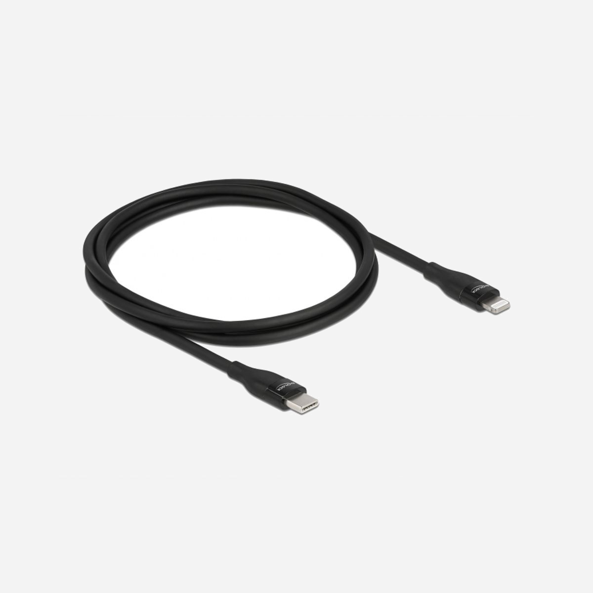 DeLOCK Câble USB-C vers Lightning MFi 1m Noir - Transfert 480 Mbit/s, Cuivre, 9V 3A - Compatible iPhone, iPad, iPod - Réf. 86637 - Ce câble de données et de chargement USB de Delock peut être utilisé pour connecter un iPhone™, iPad™ ou iPod™ à un ordinateur ou laptop ayant un port USB Type-C™ ou un port Thunderbolt™ 3, par exemple vers un MacBook. L’appareil est chargé et les données peuvent être transférées.<br>La connexion entre Apple et Android est également possible.<br><br>Supporte le chargement rapide<br>Avec son support de chargement rapide, des appareils compatibles Apple peuvent aussi être connectés à un chargeur USB Type-C™ PD spécialement pour le chargement rapide.<br><br>Certifié MFi<br>La certification MFi et le connecteur d’origine Apple C94 garantissent la compatibilité totale à tous les appareils munis d’un connecteur Lightning™.