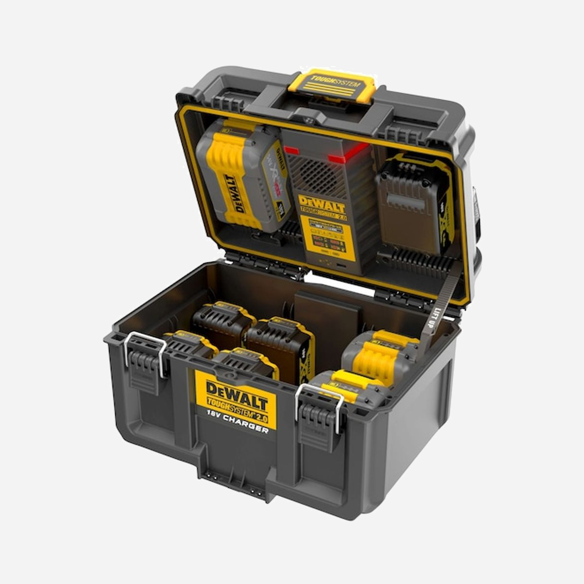 DeWALT DWST83471-QW Coffret Chargeur 18V TOUGHSYSTEM 2.0, 2 Ports 4A, USB-A/USB-C, IP64, Stockage 12 Batteries (sans Batteries), 238mm, 4kg - Le 1/2 coffret chargeur 18V TOUGHSYSTEM 2.0 est compatible avec tous les éléments Toughsystem pour créer sa propre solution de rangement ! Il a 2 ports chargeurs de 4A pour un chargement simultané de batteries 4 Ah 18V / FLEXVOLT (6-12 Ah). Un ventilateur interne sert à dissiper la chaleur quand les batteries sont en charge couvercle fermé. Des Indicateurs lumineux de chargement interne et Externe permettent une identification rapide et facile. 2 ports USB : 1x Type A (à l’intérieur) et 1x Type C (à l’extérieur) pour téléphones/tablettes complètent le dispositif. Le coffret permet de stocker jusqu'à 12 batteries (+2 en chargement) et de les garder à l'abri des conditions du chantier (poussière-boue-humidité et froid) grâce à l'étanchéité IP64. Elle offre la possibilité également de transporter des machines et/ou accessoires, outils à mains.