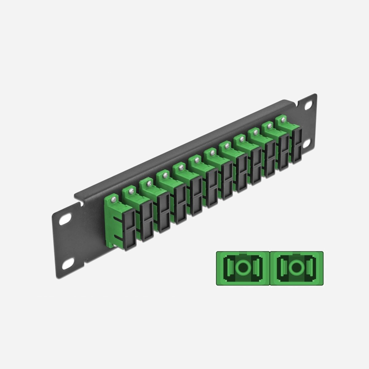 DeLOCK Panneau de Distribution Fibre Optique 10" 1U 12 Ports SC Duplex Vert Métal Noir (44x10x254mm) Compatible Fibre Monomode (FMN) - Ce panneau de distribution de Delock est équipé de douze coupleurs de fibre optique SC Duplex, et il convenable pour l’installation dans une armoire de réseau de 10″. Avec les coupleurs SC Duplex, les connecteurs mâles de fibre optique peuvent être facilement branchés les uns aux autres.