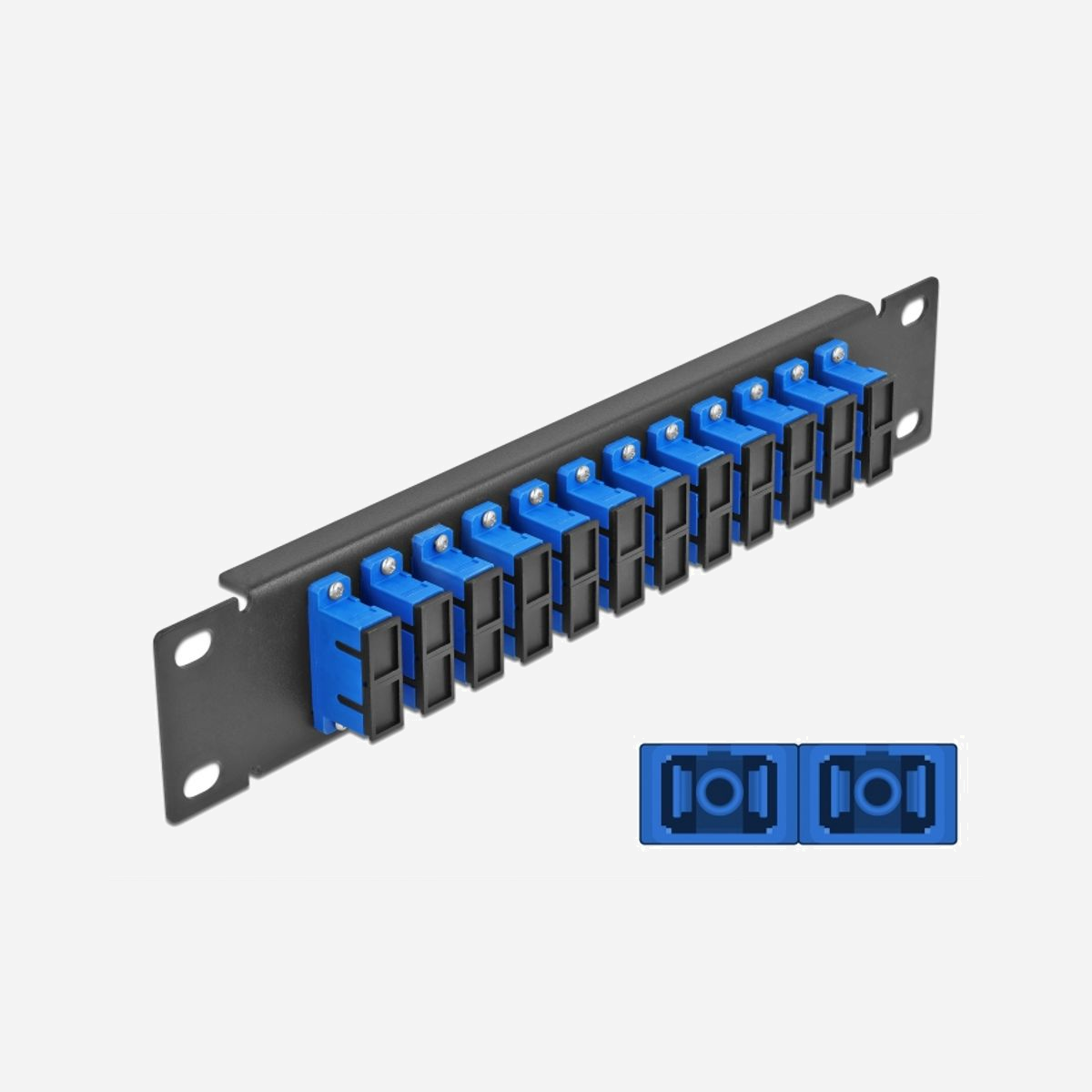 DeLOCK Panneau de Distribution Fibre Optique 10" 1U 12 Ports SC Duplex Bleu Métal Noir 44x10x254mm, Support Fibre Monomodule (FMN) - Ce panneau de distribution de Delock est équipé de douze coupleurs de fibre optique SC Duplex, et il convenable pour l’installation dans une armoire de réseau de 10″. Avec les coupleurs SC Duplex, les connecteurs mâles de fibre optique peuvent être facilement branchés les uns aux autres.