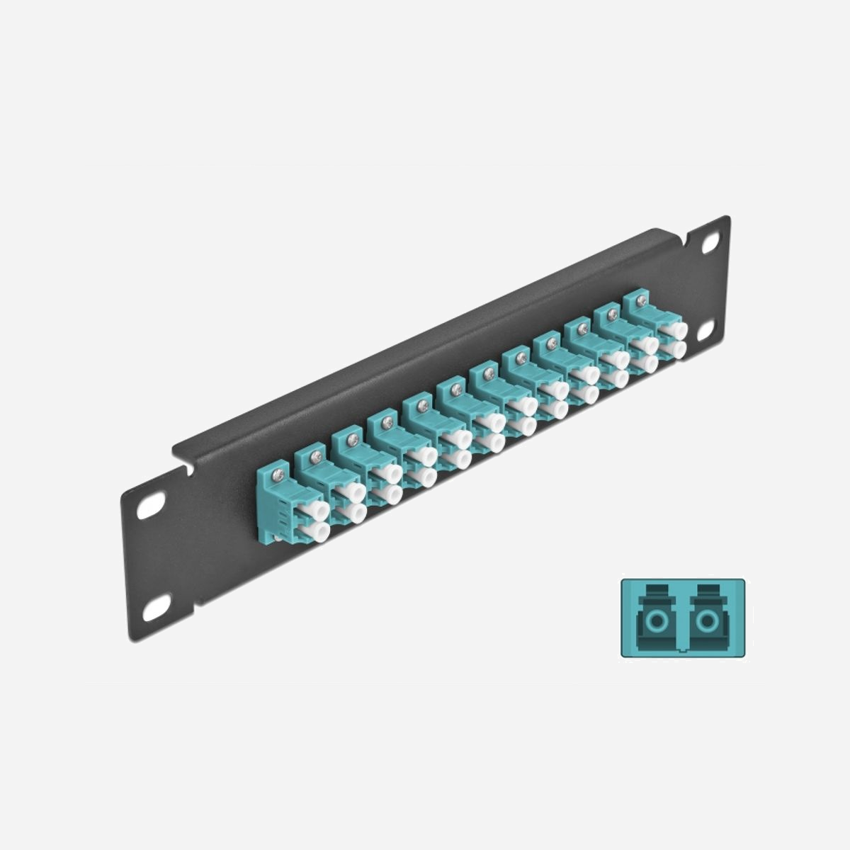 DeLOCK Panneau Fibre Optique 10" 1U 12 Ports LC Duplex Aqua Métal - Référence 66768 : Coupleurs LC Duplex, Compatible Fibre Multimode (FMM) - Ce panneau de distribution de Delock est équipé de douze coupleurs de fibre optique LC Duplex, et il convenable pour l’installation dans une armoire de réseau de 10″. Avec les coupleurs LC Duplex, les connecteurs mâles de fibre optique peuvent être facilement branchés les uns aux autres.