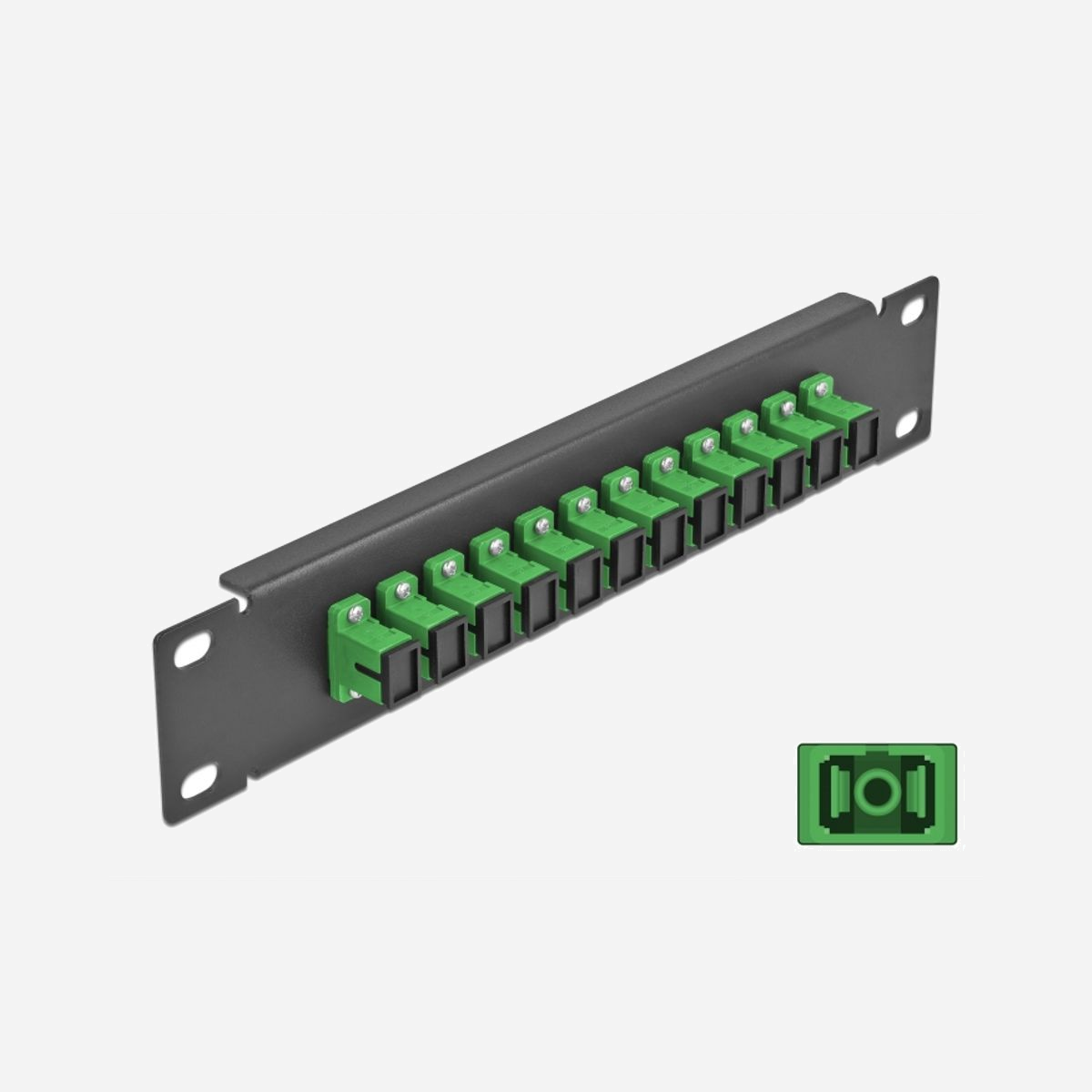 DeLOCK Panneau de Distribution Fibre Optique 10" 1U, 12 Ports SC Simplex, Métal Noir/Vert, 44x10x254mm, Compatible Fibre Monomode, Montage Rack - Ce panneau de distribution de Delock est équipé de douze coupleurs de fibre optique SC Simplex, et il convenable pour l’installation dans une armoire de réseau de 10″. Avec les coupleurs SC Simplex, les connecteurs mâles de fibre optique peuvent être facilement branchés les uns aux autres.