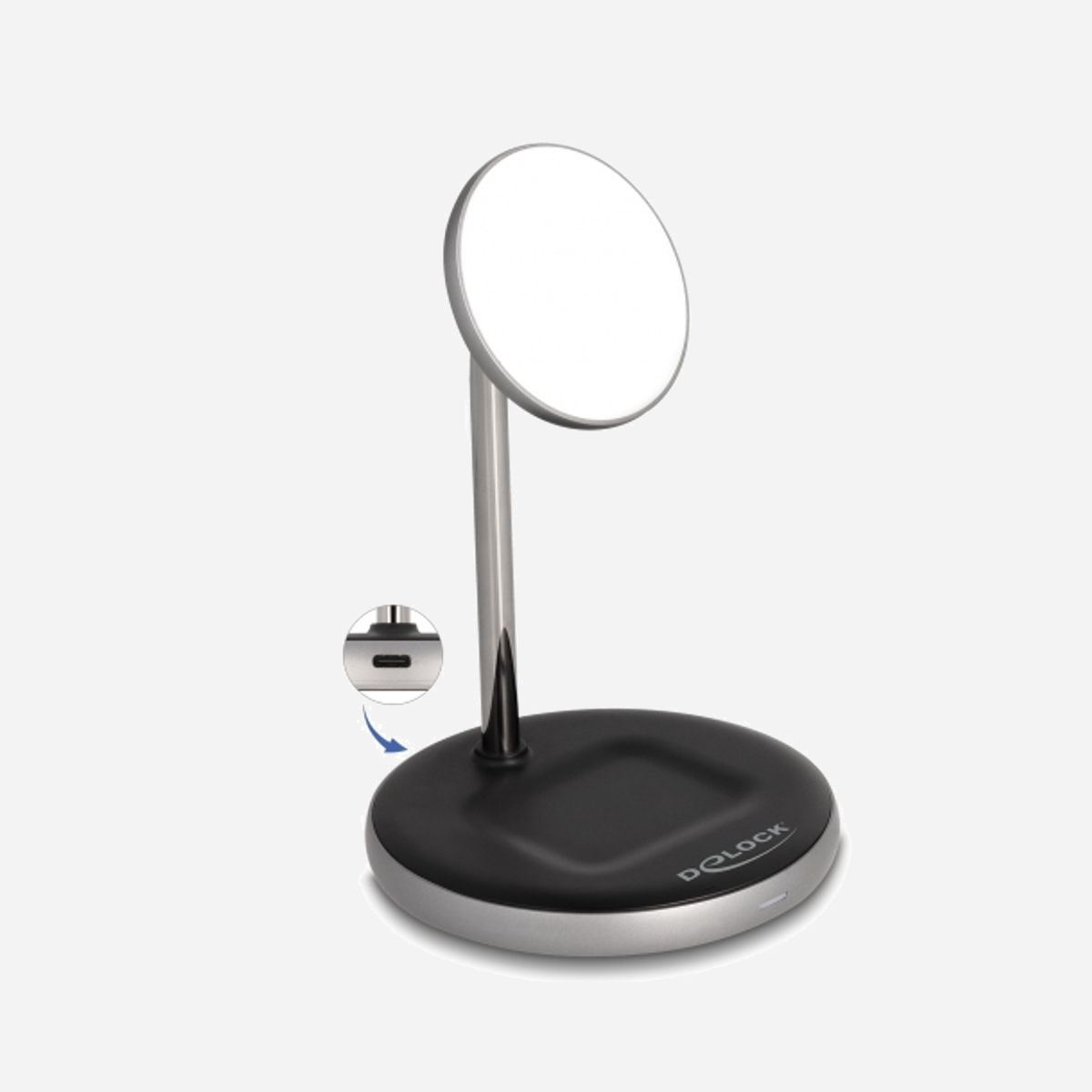 DeLOCK Station de Charge Qi 2-en-1 5/7.5/10/15W Noir/Gris/Blanc, USB-C, 2 appareils, 12V, Support Smartphone, Câble USB-C inclus - Avec cette station de chargement de Delock certifiée Qi, un smartphone et un autre appareil peuvent être chargés directement sans fil et en même temps. Avec l’énergie transférée par induction, les câbles de chargement ne sont plus nécessaires et les connecteurs sont protégés. Le chargeur est compatible avec le chargement rapide jusqu’à 15 Watts pour des smartphones équipés de façon appropriée.<br><br><b>Surface de chargement pour écouteurs</b><br>Le patin de chargement de la base de la station fournit une puissance de 5 W et il est approprié pour des appareils compatibles au chargement inductif de puissance faible. Par exemple, boitiers d’écouteurs sans fil.<br><br><b>Note</b><br>Le smartphone doit être compatible au support de chargement de la station.