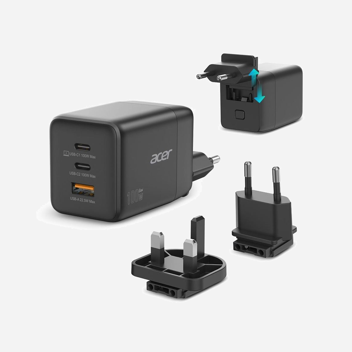 Chargeur secteur Acer HP.DSCAB.019 Universel Noir : 2x USB-C Power Delivery 100W, 1x USB-A 3.2 Gen 1, GaN, PPS, Charge Rapide, Protection Surtension/Courant/CC - Acer HP.DSCAB.019. Type de chargeur: Intérieure, Type de source d'alimentation: Secteur, Compatibilité de chargeur: Universel. Tension d'entrée: 100 - 240 V. Quantité de ports USB de type C: 2, Charge rapide, Dispositifs de protection électrique: Sur-courant, Surtension, Court-circuit. Couleur du produit: Noir