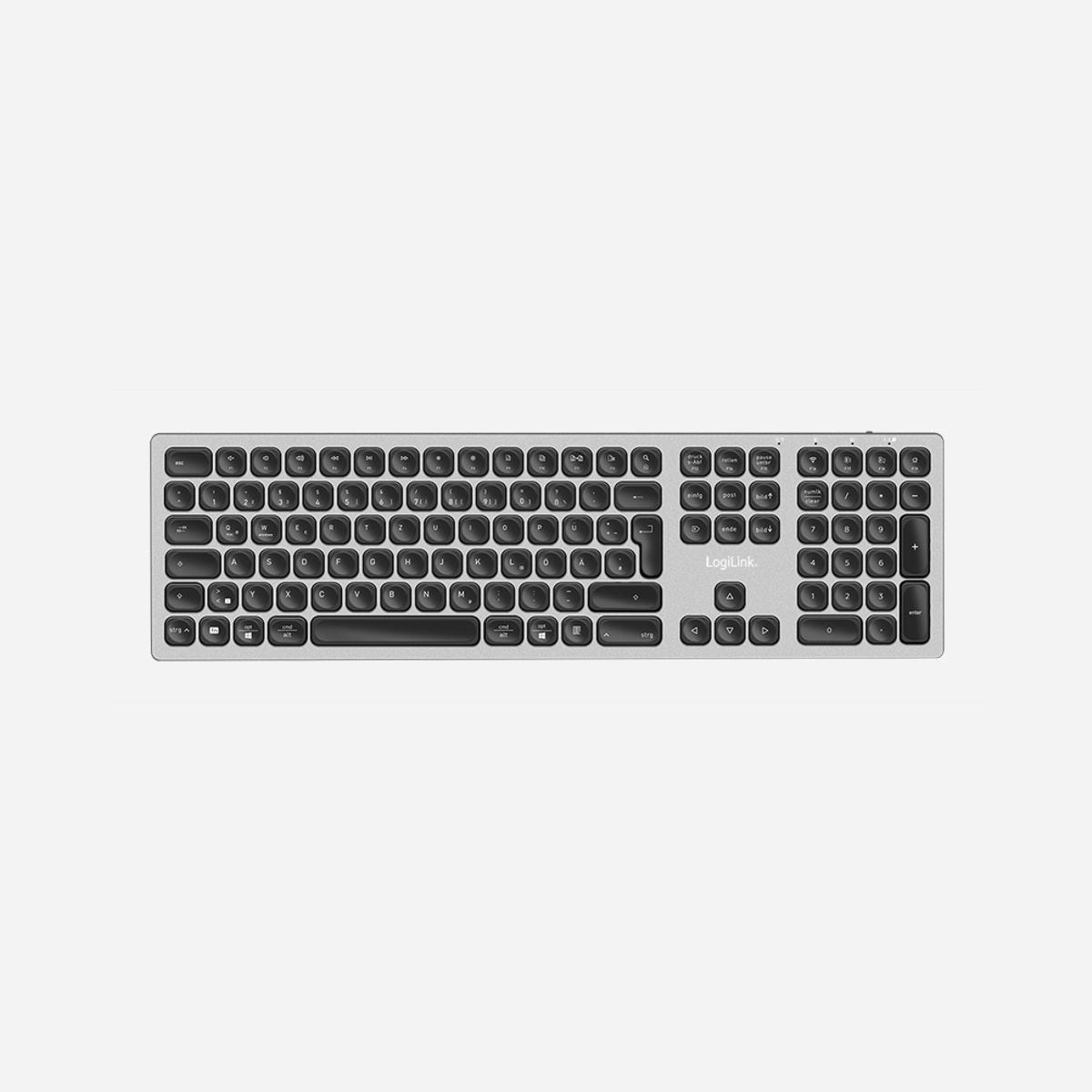 LogiLink ID0213 Clavier QWERTZ Allemand Sans Fil RF + Bluetooth, 111 Touches, 2.4GHz, Bluetooth 5.0, Batterie 250mAh, Gris, Compatible Windows/macOS/Android/iOS/ChromeOS - LogiLink ID0213. Facteur de forme du clavier: Taille réelle (100 %). Style de clavier: Droit. Technologie de connectivité: Sans fil, Interface de l'appareil: RF sans fil + Bluetooth, Disposition des touches du clavier: QWERTZ, Nombre de touches du clavier: 111, Utilisation recommandée: maison/bureau. Couleur du produit: Gris