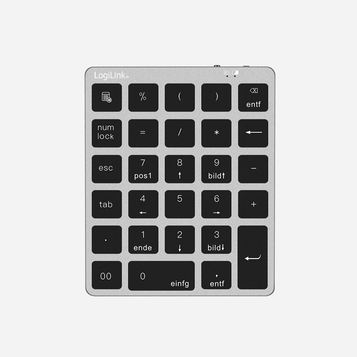 LogiLink ID0212 : Clavier numérique Bluetooth Gris - 28 touches ciseaux, portée 10m, batterie 140mAh, ABS/Aluminium, compatible Windows/macOS, 100x121x12.5mm, 95g - LogiLink ID0212. Interface de l'appareil: Bluetooth, Nombre de touches du clavier: 28, Interrupteur à clé de clavier: Commutateur de touche « ciseaux », Utilité: PC portable/de bureau. Couleur du produit: Gris. Poids: 95 g